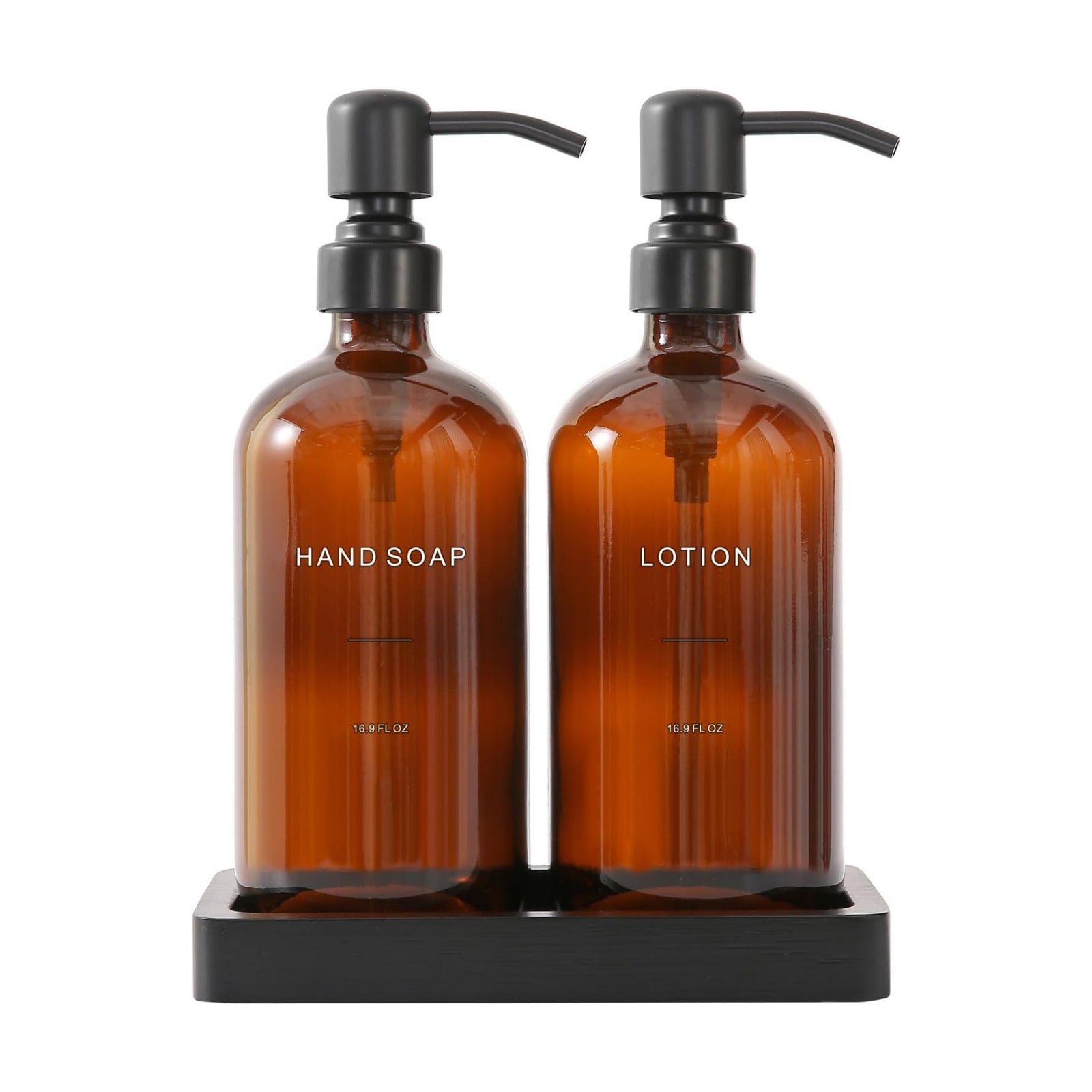 Prus Waso Amber Glass Soap Dispenser Set | Hand Soap and Lotion Set with Black Stainless Steel Pump, Perfect for Modern