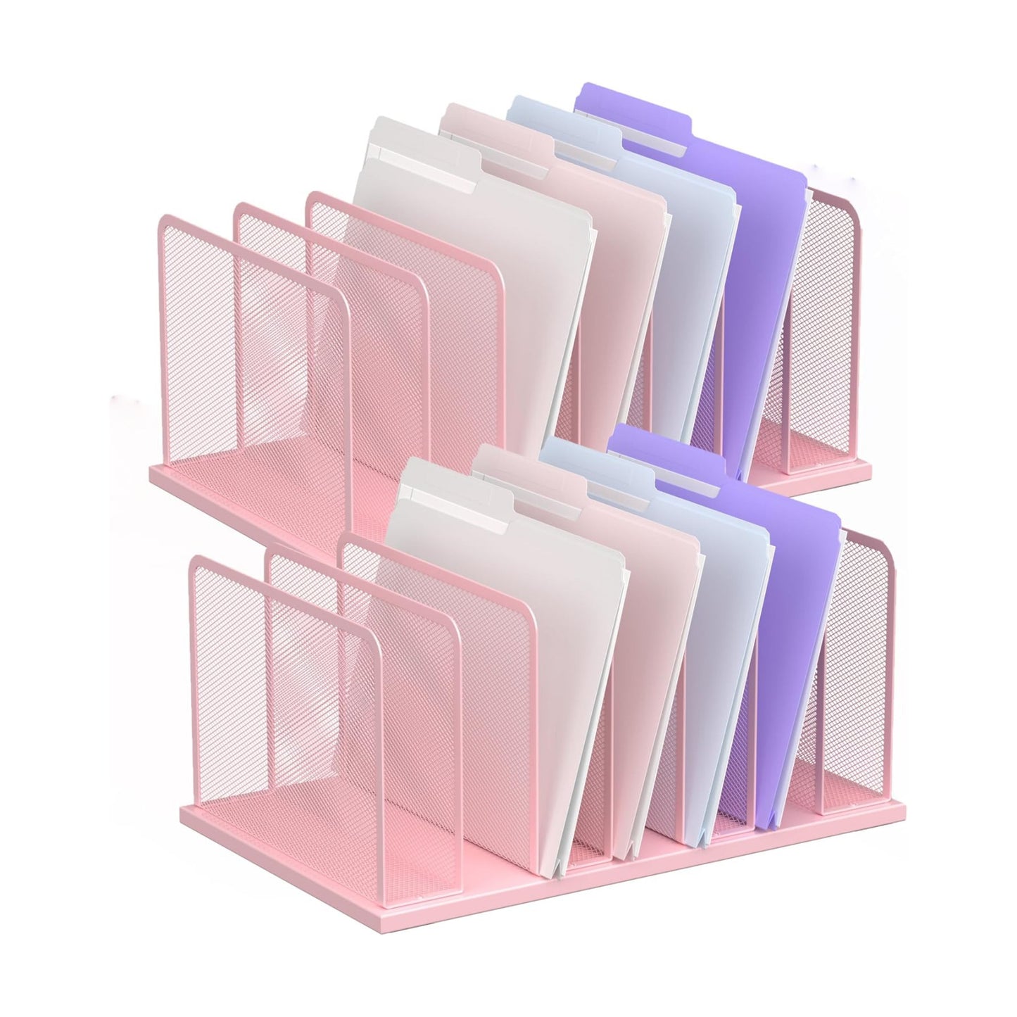 Kuntine.B 7-Section Upright Desk File Organizer Pink 2 Pack | Vertical, Mesh, Metal, Assembly, Stability, Sturdiness