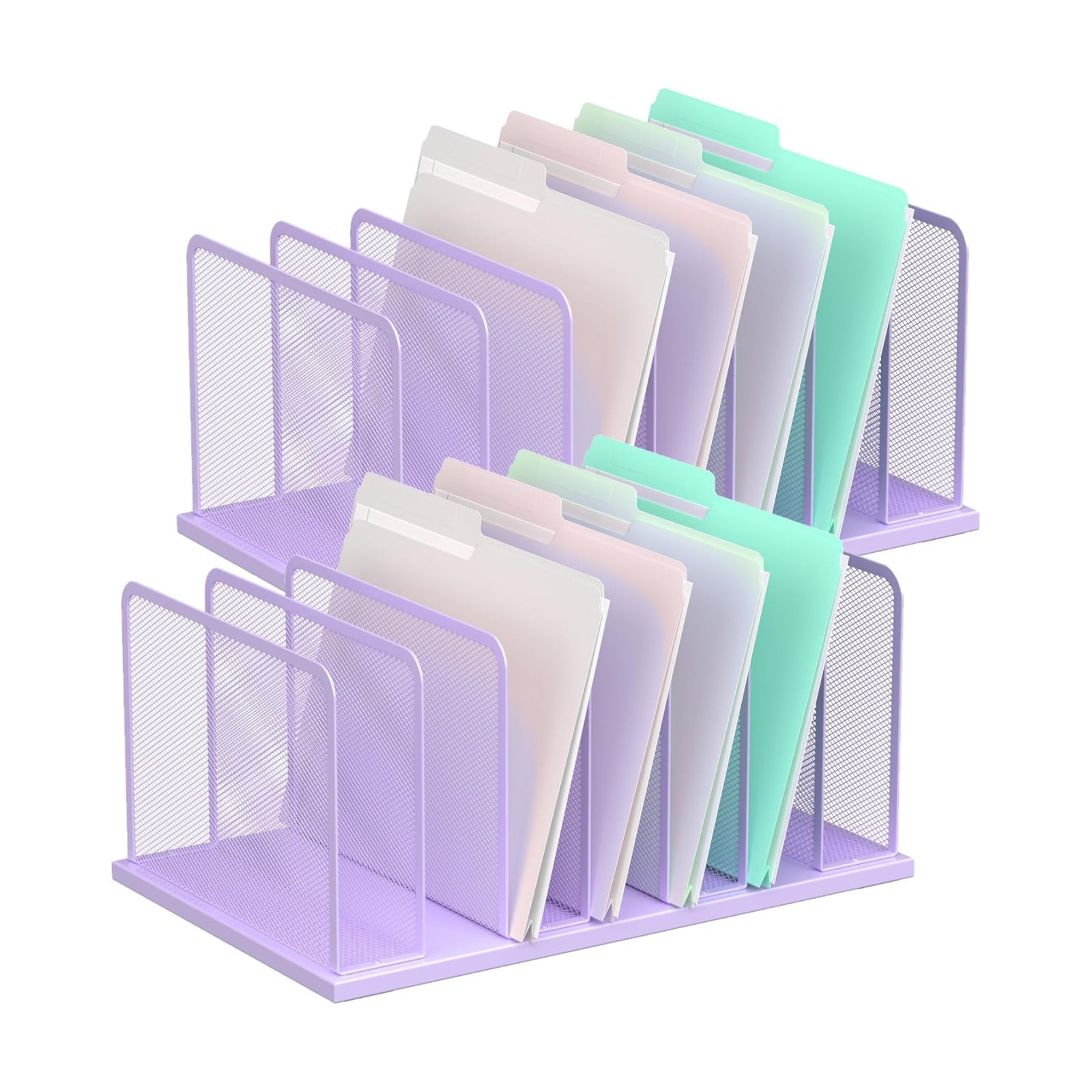 Kuntine.B 7-Section Upright Desk File Organizer Purple 2 Pack | Vertical, Mesh, Metal, Assembly, Stability, Sturdiness