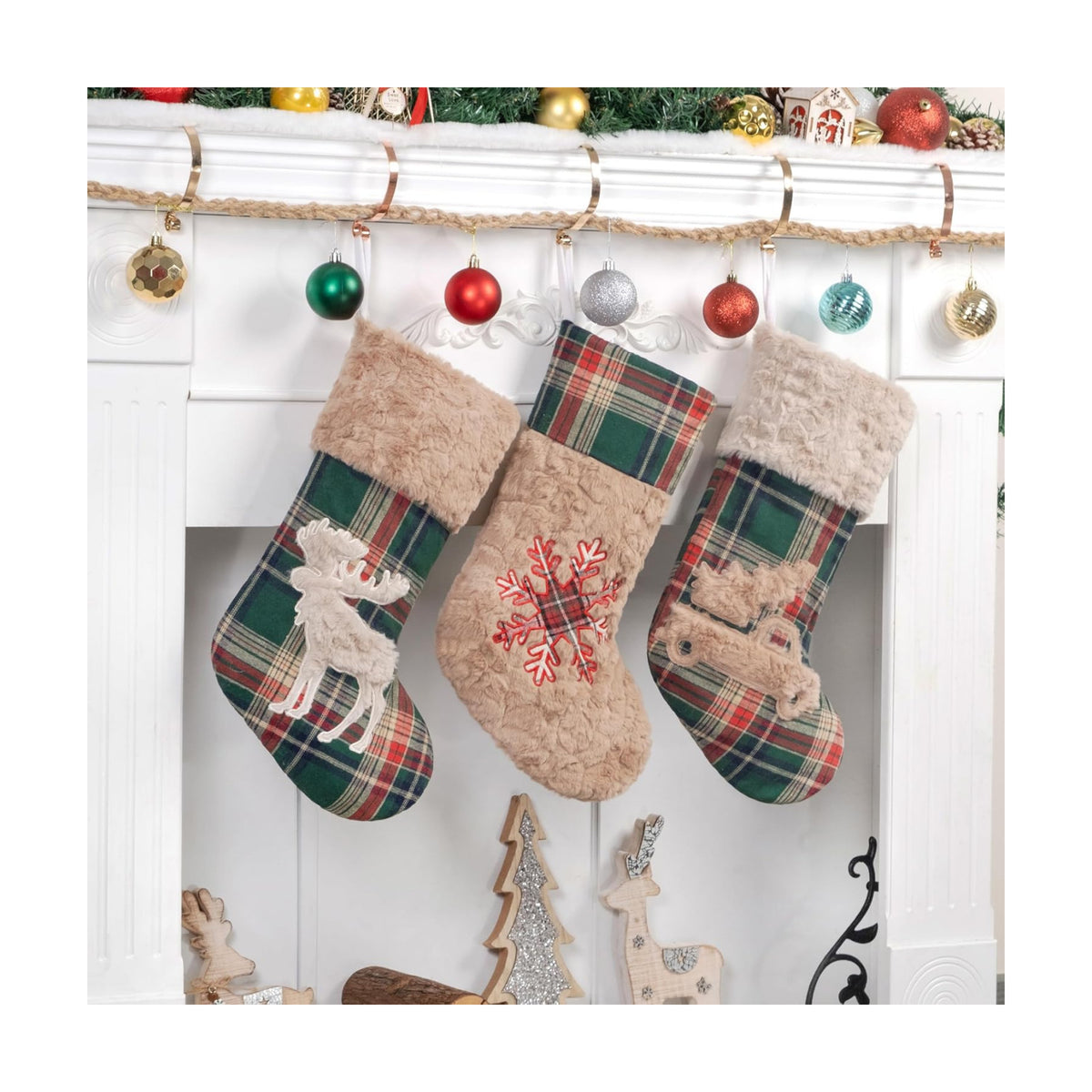LUBOT New 3 Pack Christmas Stocking 20" Red Green Plush Plaid Mix and Match Classic Rustic Farmhouse Country Cotton Fireplace Hanging Xmas Stockings Decorations for Family Holiday Season Decor