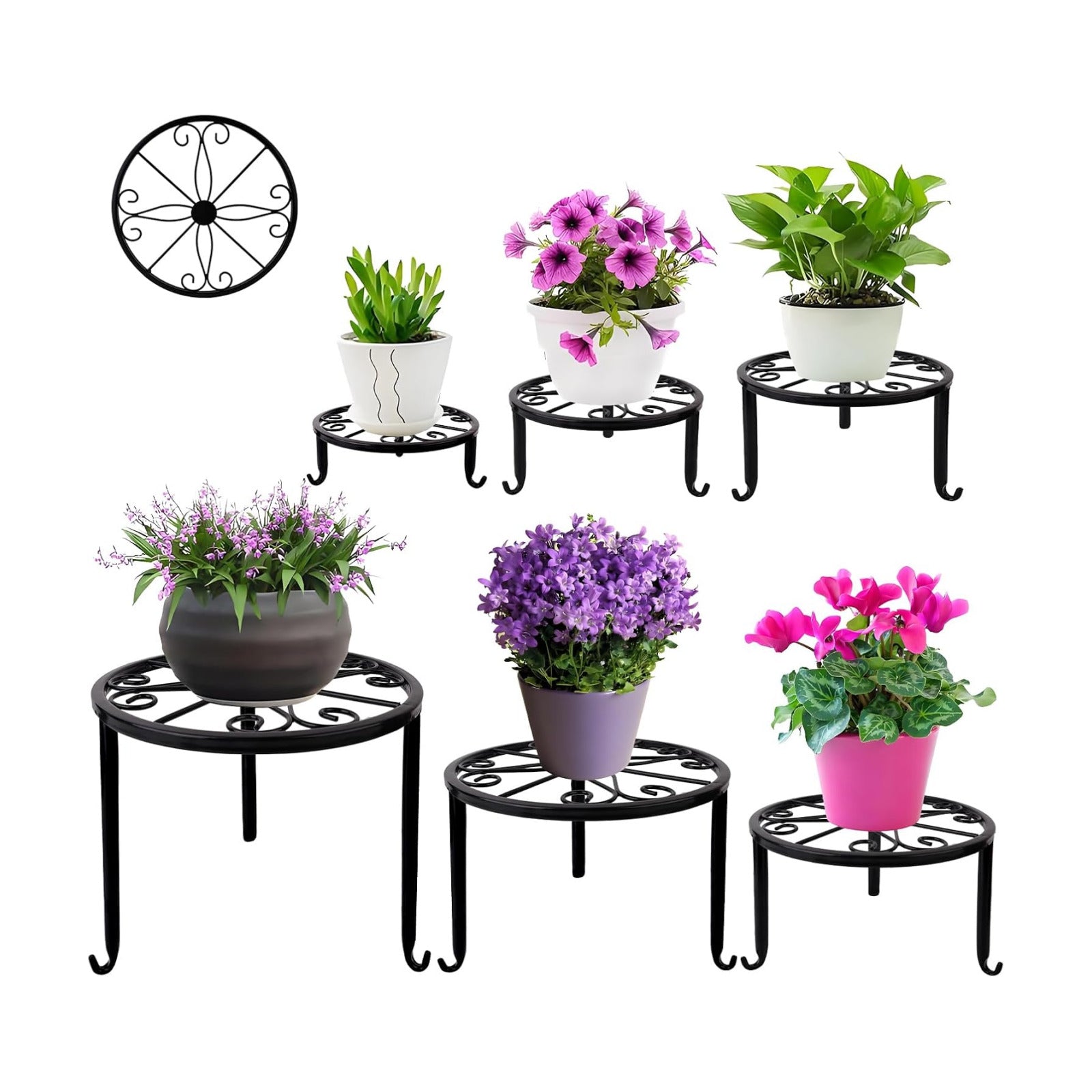 6-Pack Metal Plant Stand,Heavy Duty Flower Pot Stands for Multiple Plant,Outdoor Anti-Rust Plant Pot Shelf, Round Plant