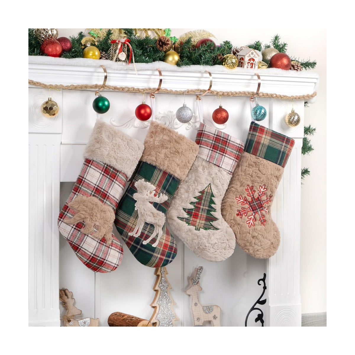 LUBOT New 4 Pack Christmas Stocking 20" Red Green Plush Plaid Mix and Match Classic Rustic Farmhouse Country Cotton Fireplace Hanging Xmas Stockings Decorations for Family Holiday Season Decor