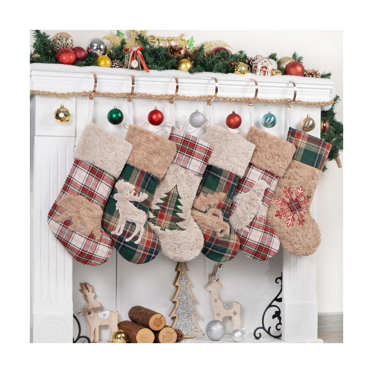 LUBOT New 6 Pack Christmas Stocking 20" Red Green Plush Plaid Mix and Match Classic Rustic Farmhouse Country Cotton Fireplace Hanging Xmas Stockings Decorations for Family Holiday Season Decor