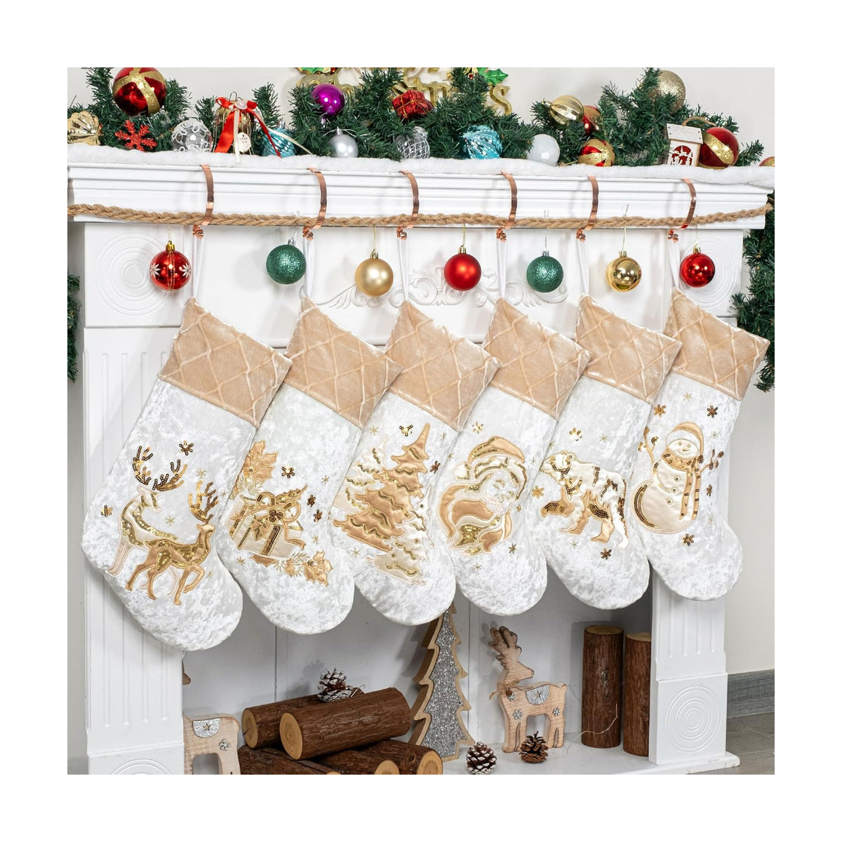 LUBOT New Christmas Stockings Set of 6 Embroidered 20" Xmas Family Traditional Fireplace Hanging Gold Sequin Decor Velvet Satin Fabric Gifts for Christmas Holiday