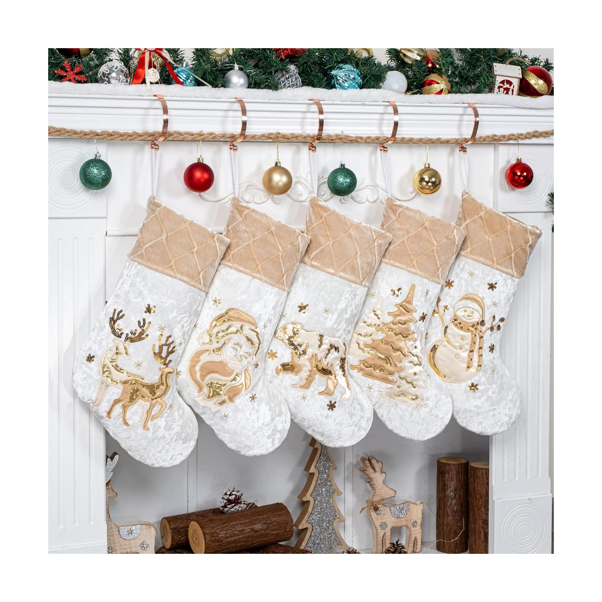 LUBOT New Christmas Stockings Set of 5 Embroidered 20" Xmas Family Traditional Fireplace Hanging Gold Sequin Decor Velvet Satin Fabric Gifts for Christmas Holiday
