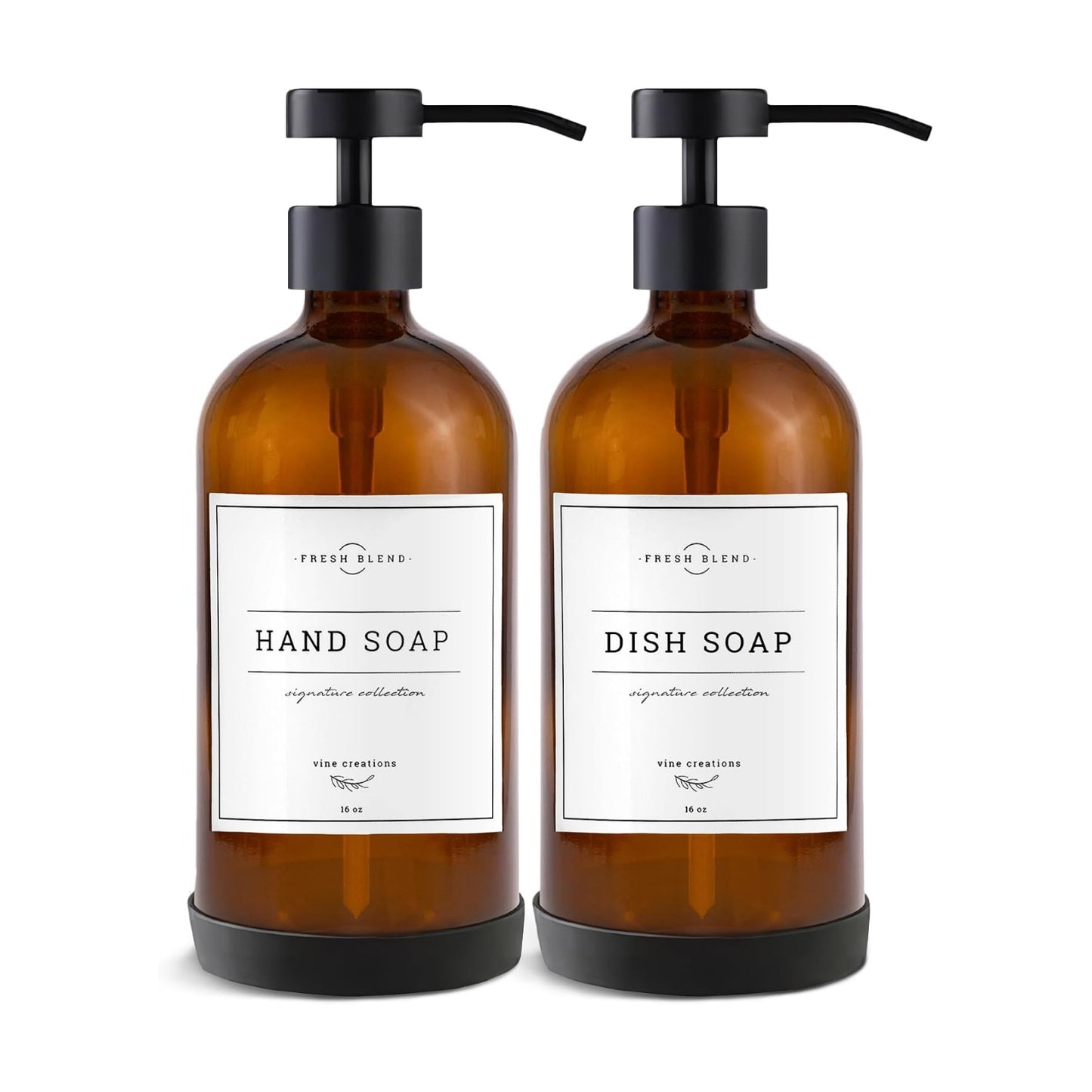 Vine Creations Amber Glass Soap Dispenser Set - Kitchen Soap Dispenser Set with Stainless Steel Pump - 16 oz Dish Soap
