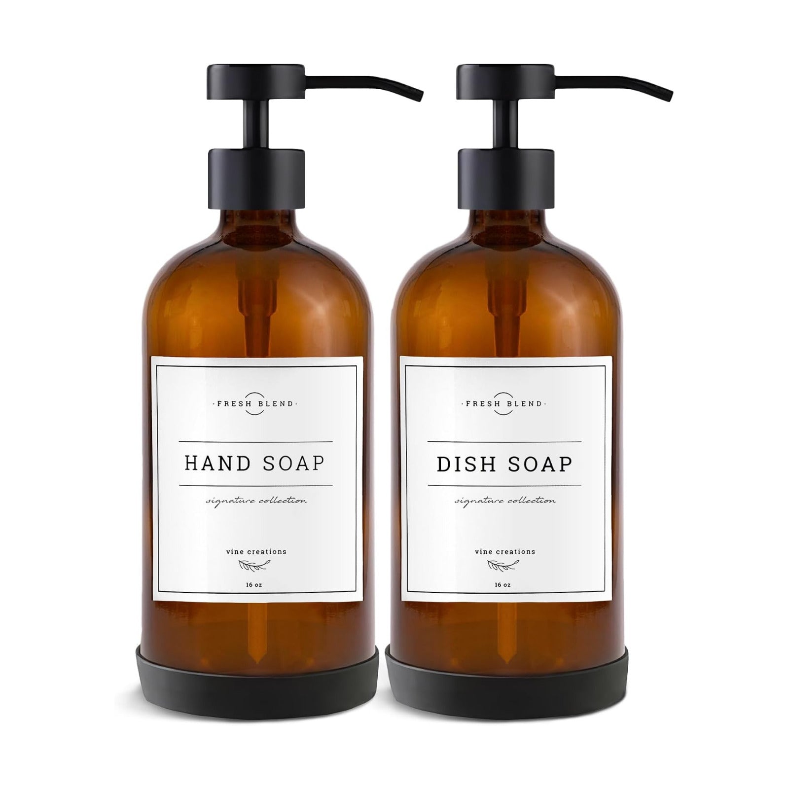 Vine Creations Amber Glass Soap Dispenser Set - Kitchen Soap Dispenser Set with Stainless Steel Pump - 16 oz Dish Soap