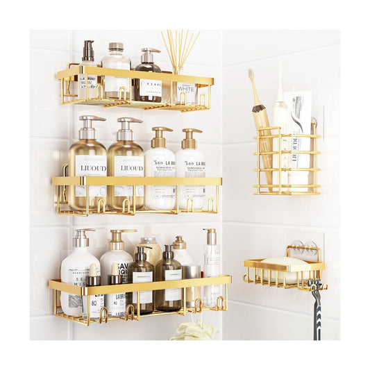 Self Adhesive Wall Storage Basket Rustproof / Gold / Set of 5