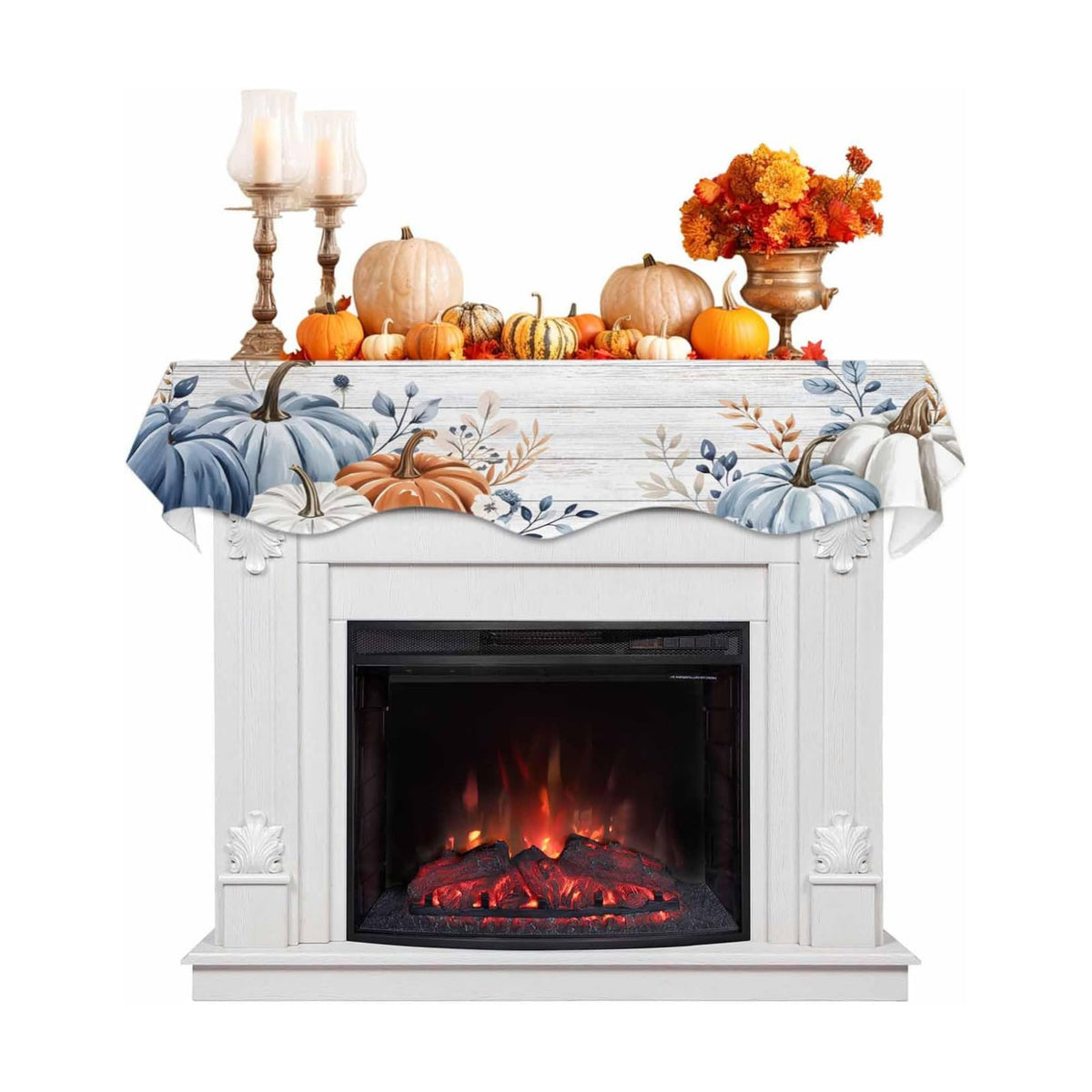Fall Mantel Scarf for Fireplace, Blue Leaf Pumpkin Wood Grain Texture Fireplace Cover Decorations Indoor Thanksgiving Mantel Top Scarf Runner for Seasonal Autumn Holiday Party, 17 x 90 Inch