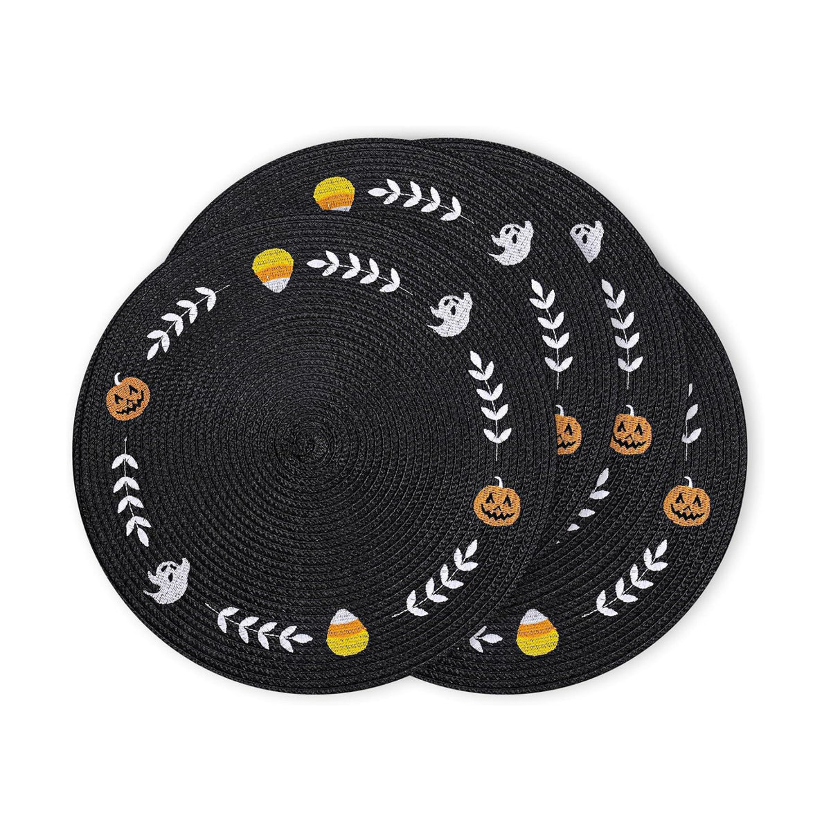 Whaline 4 Pcs Round Halloween Placemats Embroidered Ghost Pumpkin Candy Corn Place Mats Black Spooky Dinner Table Mats for Halloween Holiday Trick or Treat Party Table Decor
