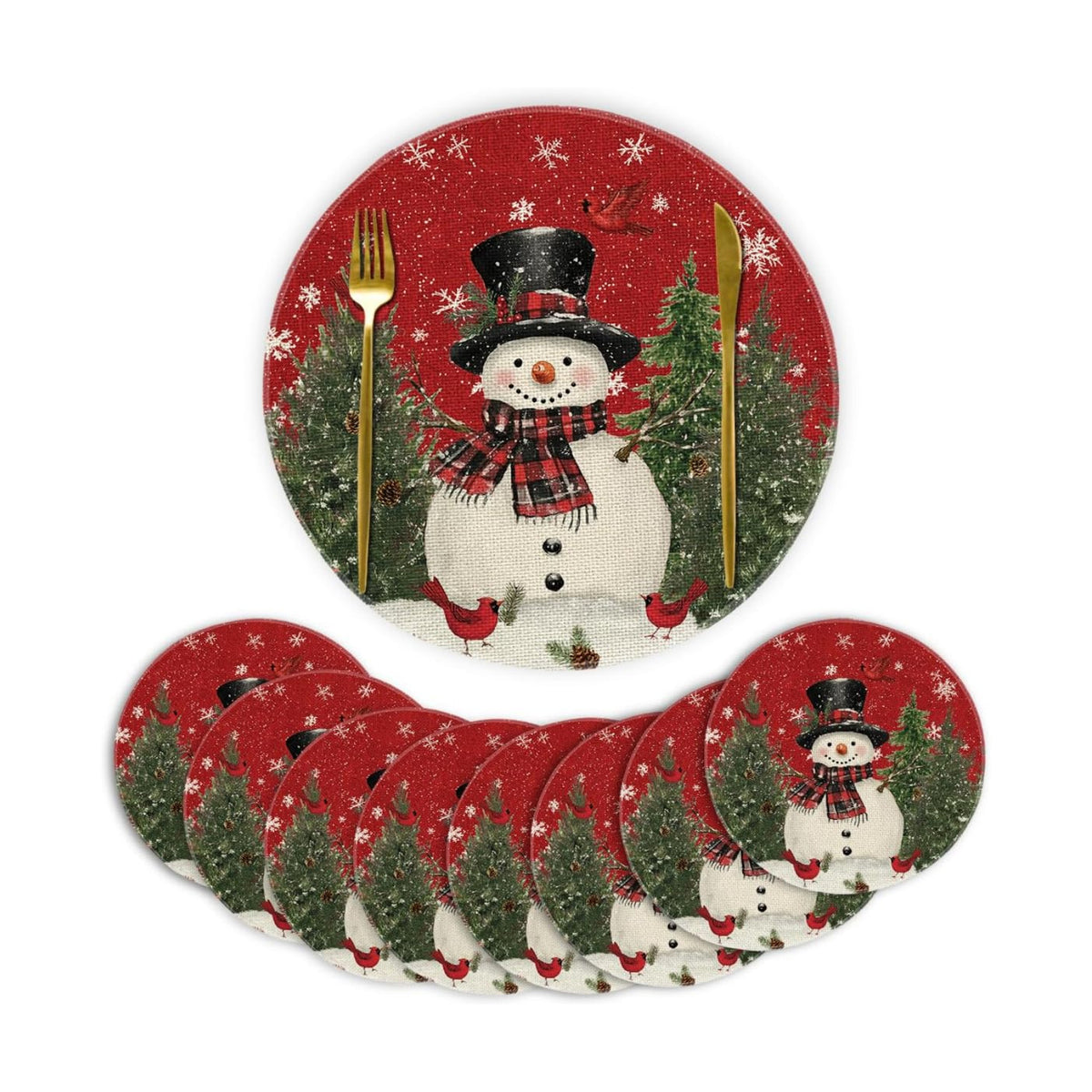 Artoid Mode Snowman Trees Snowflakes Christmas Round Placemats Set of 8, 14 Inch Winter Round Table Mats for Dining Decoration