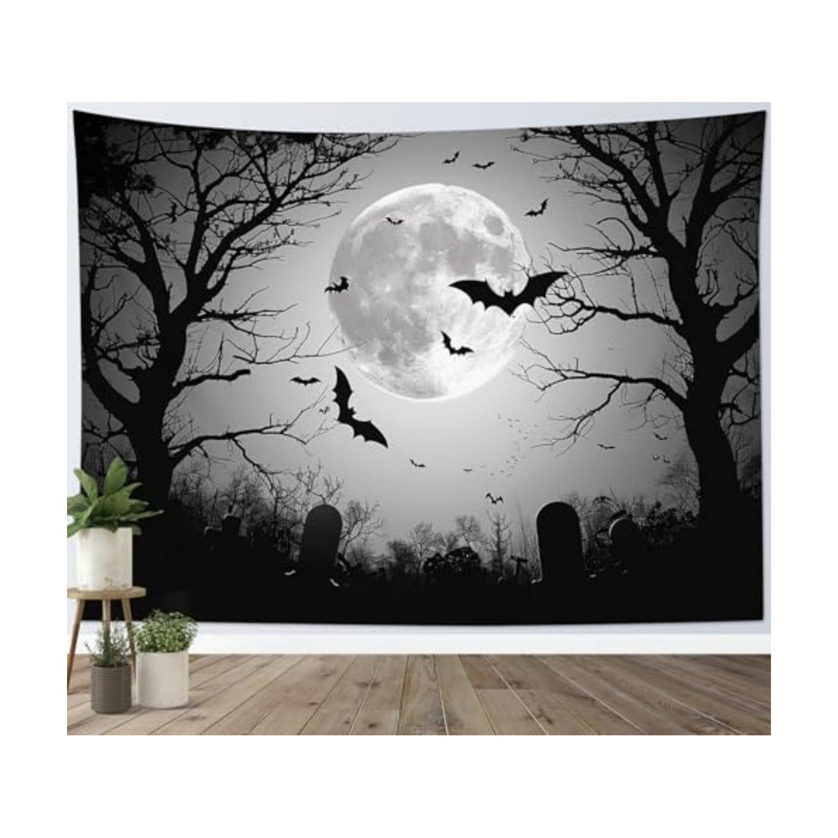 LB Horror Halloween Tapestry for Bedroom Black Bat Grey Full Moon Wall Tapestry Dead Tree and Tomb at Graveyard Wall Hanging Tapestries for Living Room College Dorm Wall Decor,92Wx70.5H inches