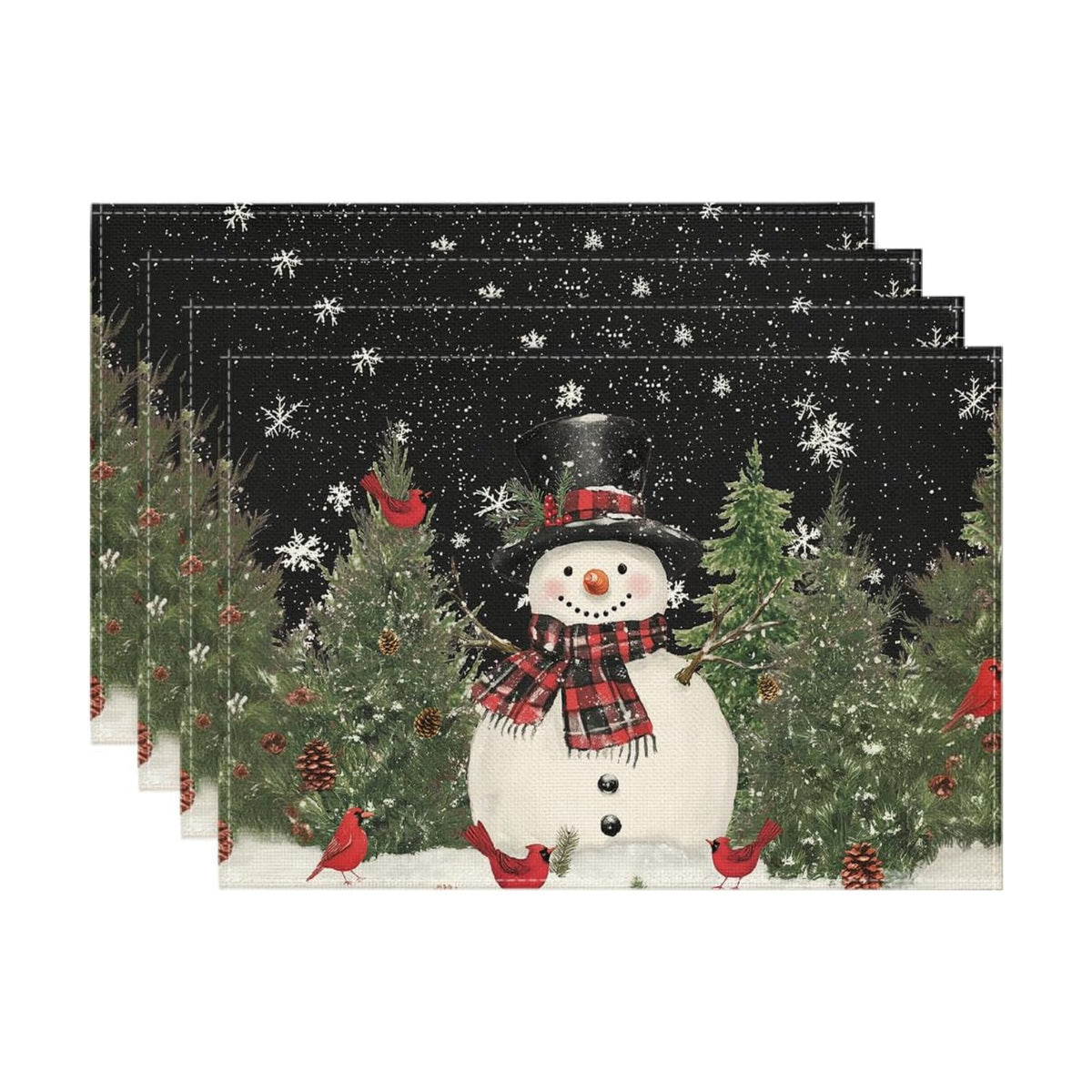 Artoid Mode Snowman Trees Christmas Placemats for Dining Table, 12 x 18 Inch Seasonal Black Winter Birds Xmas Holiday Washable Table Mats Set of 4