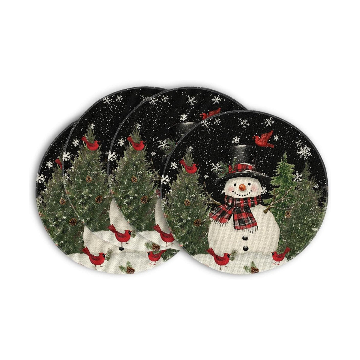 Artoid Mode Snowman Trees Snowflakes Christmas Round Placemats Set of 4, 14 Inch Black Winter Round Table Mats for Dining Decoration