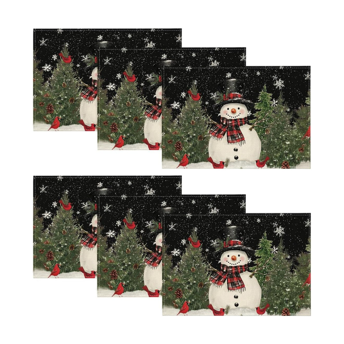 Artoid Mode Snowman Trees Blue Christmas Placemats for Dining Table, 12 x 18 Inch Seasonal Black Winter Birds Xmas Holiday Washable Table Mats Set of 6
