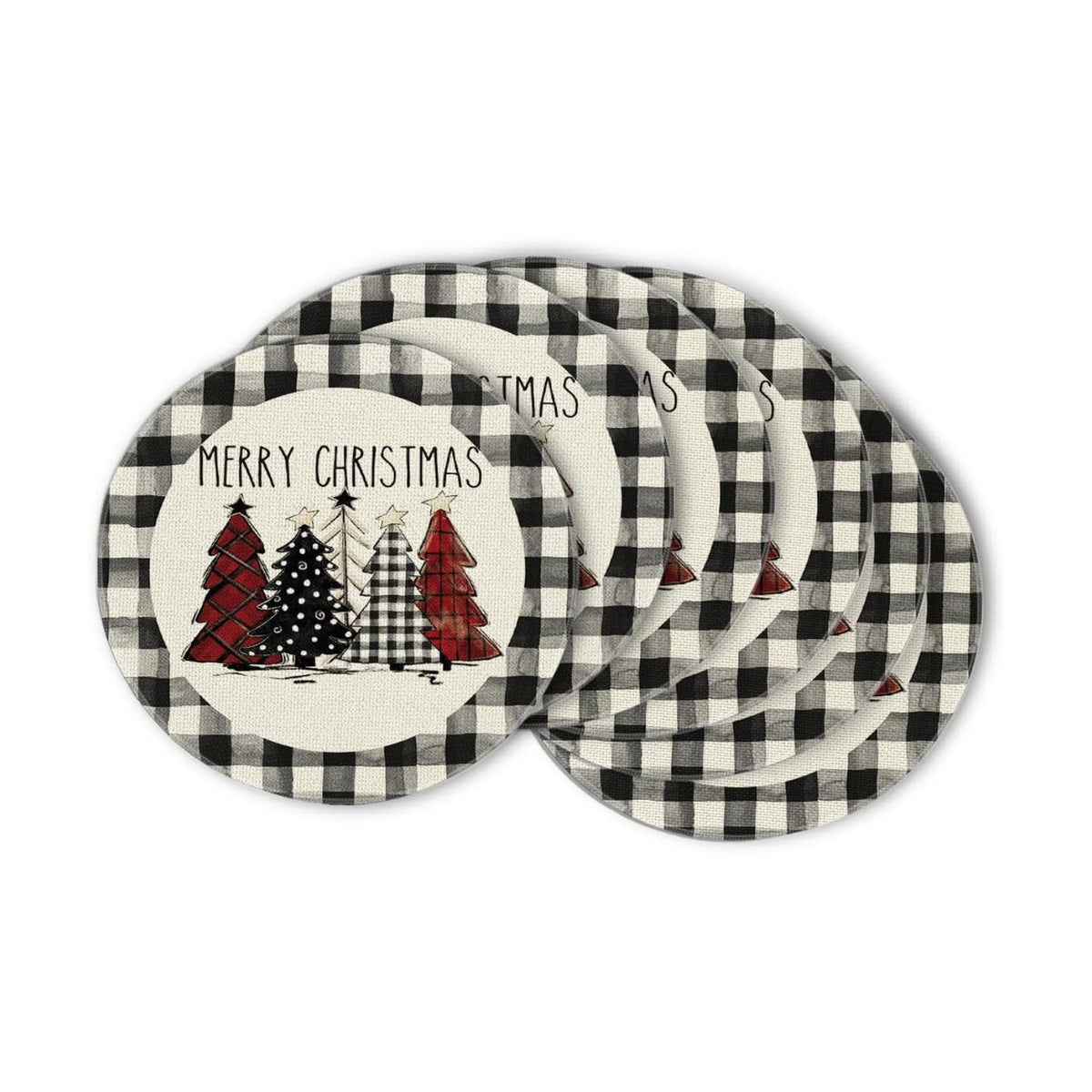 Artoid Mode Waterclor Buffalo Plaid Christmas Trees Merry Xmas Round Placemats Set of 6, 14 Inch Seasonal Winter Round Table Mats for Dining Decoration