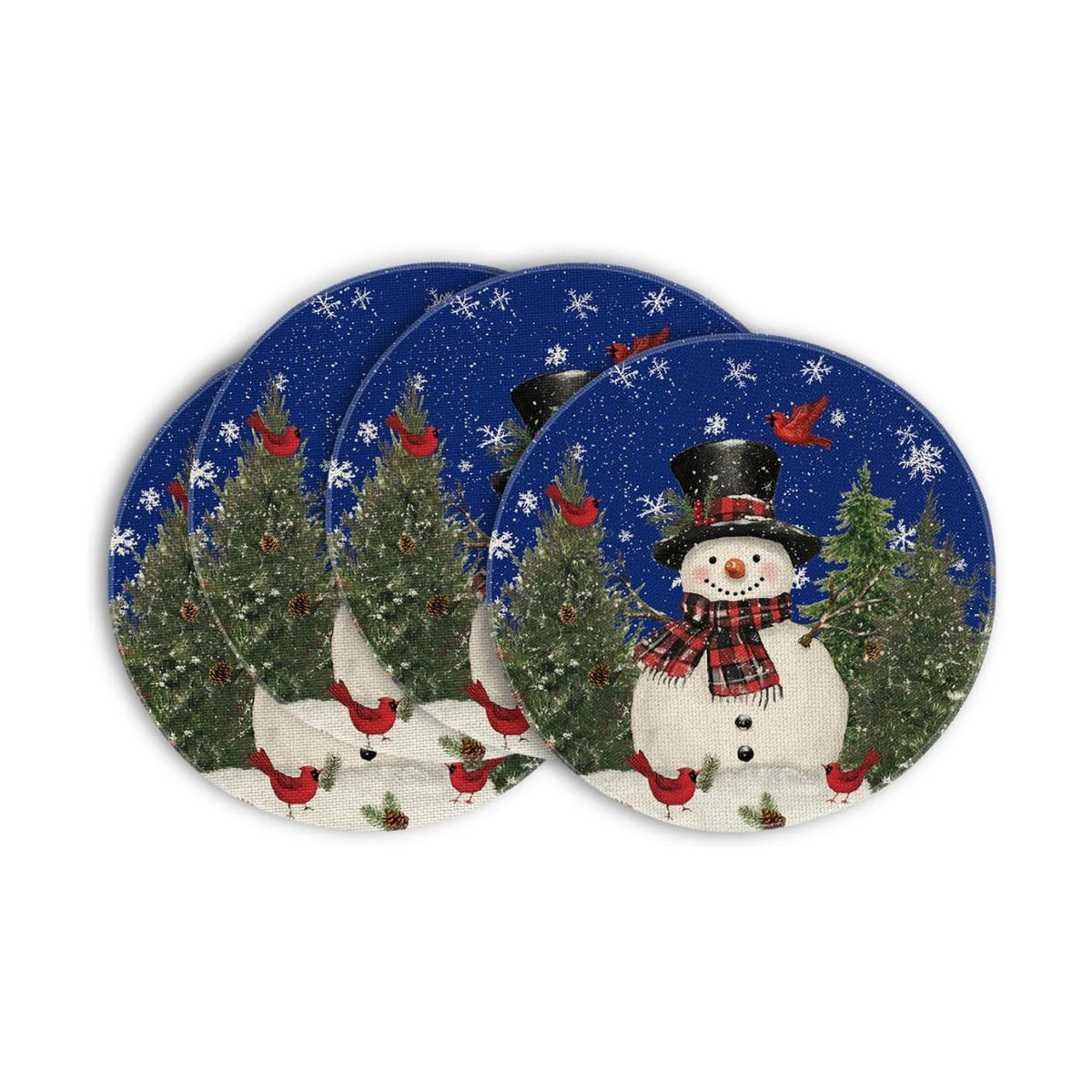 Artoid Mode Snowman Trees Snowflakes Blue Christmas Round Placemats Set of 4, 14 Inch Winter Round Table Mats for Dining Decoration