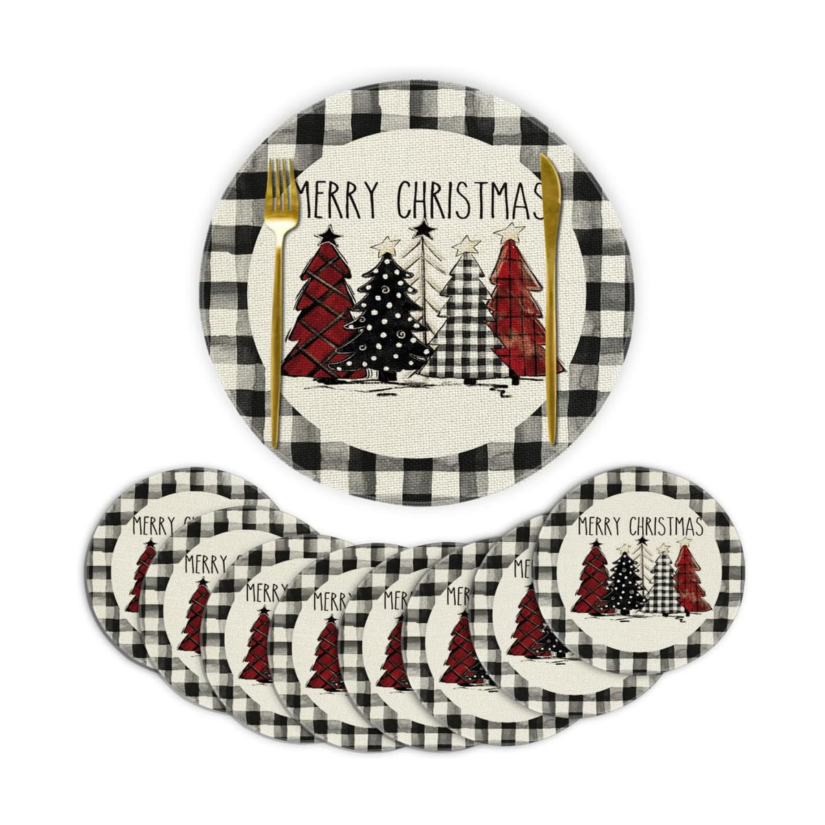 Artoid Mode Waterclor Buffalo Plaid Christmas Trees Merry Xmas Round Placemats Set of 8, 14 Inch Seasonal Winter Round Table Mats for Dining Decoration