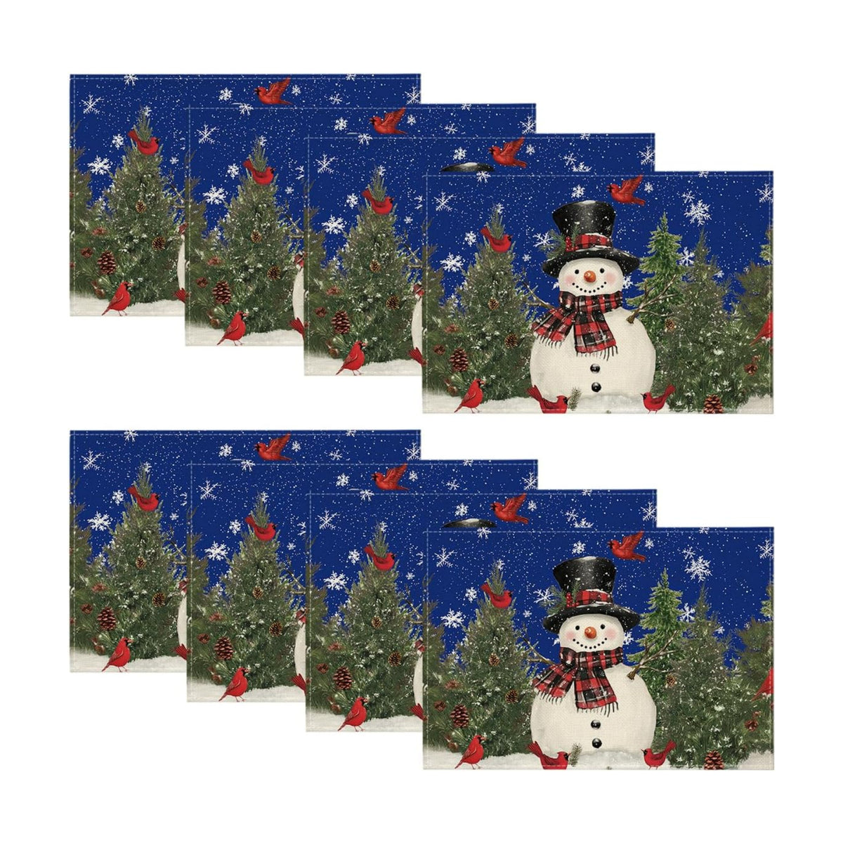 Artoid Mode Snowman Trees Blue Christmas Placemats for Dining Table, 12 x 18 Inch Seasonal Winter Birds Xmas Holiday Washable Table Mats Set of 8