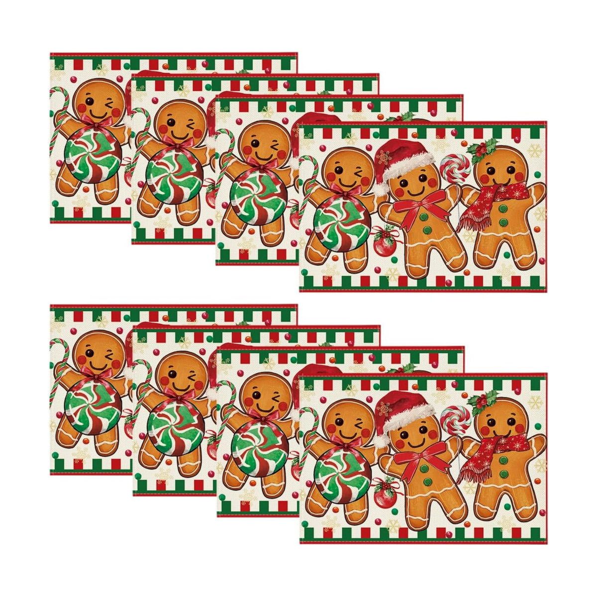 Artoid Mode Gingerbread Candy Cane Christmas Placemats Set of 8, 12x18 Inch Seasonal Table Mats for Party Kitchen Dining Decoration
