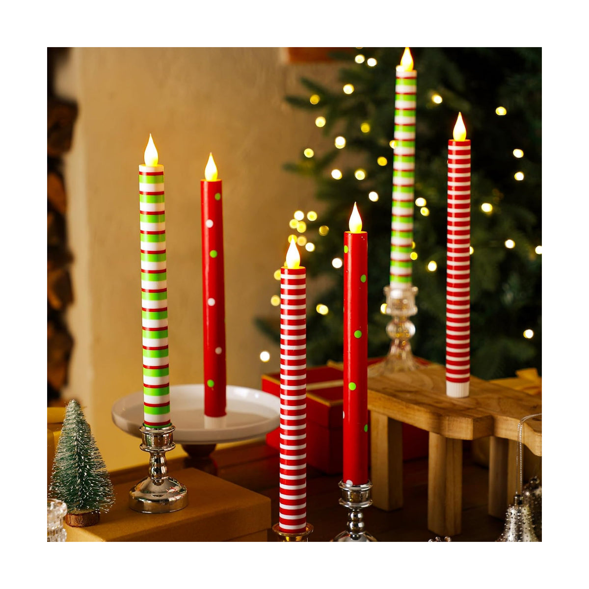 Baquler 6 Pcs Christmas Flameless Taper Candles 10.6 Inch for Home Decor