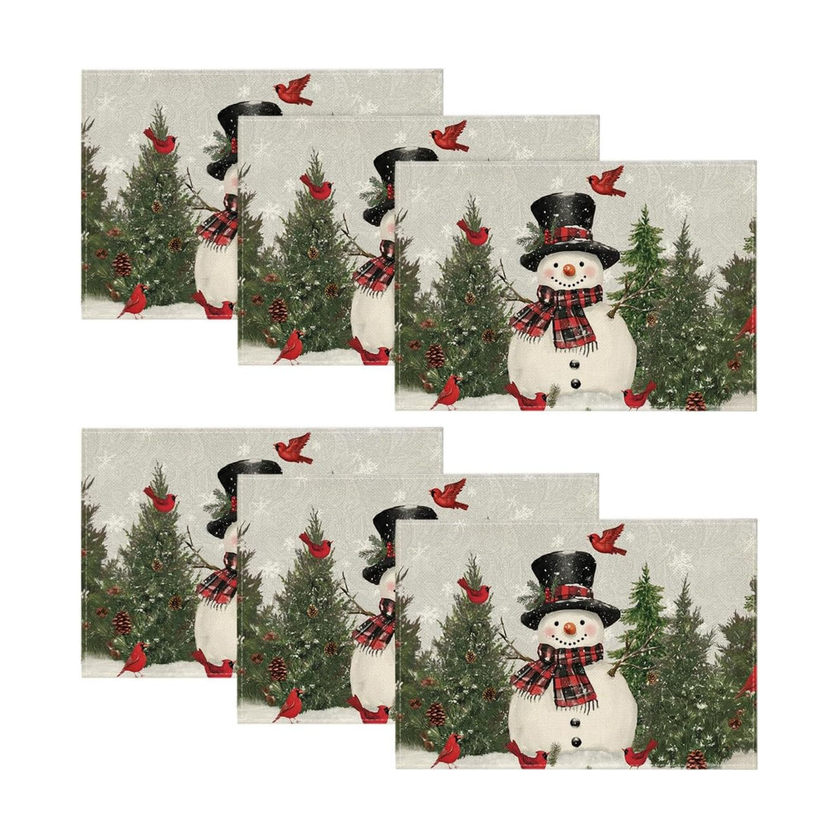 Artoid Mode Snowman Birds Trees Christmas Placemats Set of 6, 12x18 Inch Seasonal Grey Winter Holiday Table Mats for Party Kitchen Dining Decoration