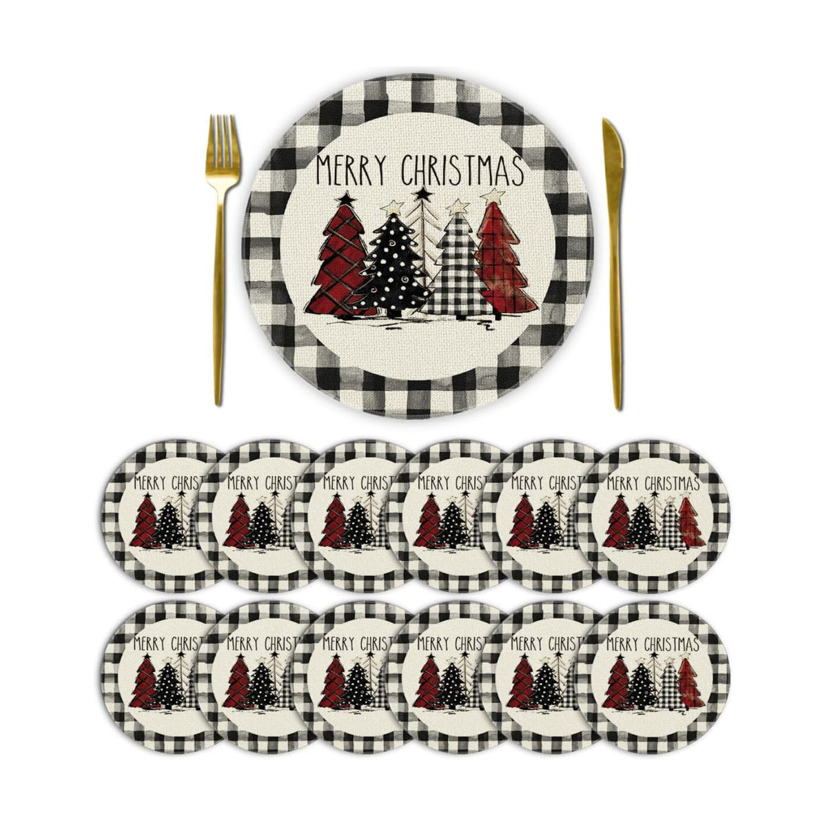 Artoid Mode Waterclor Buffalo Plaid Christmas Trees Merry Xmas Round Placemats Set of 12, 14 Inch Seasonal Winter Round Table Mats for Dining Decoration