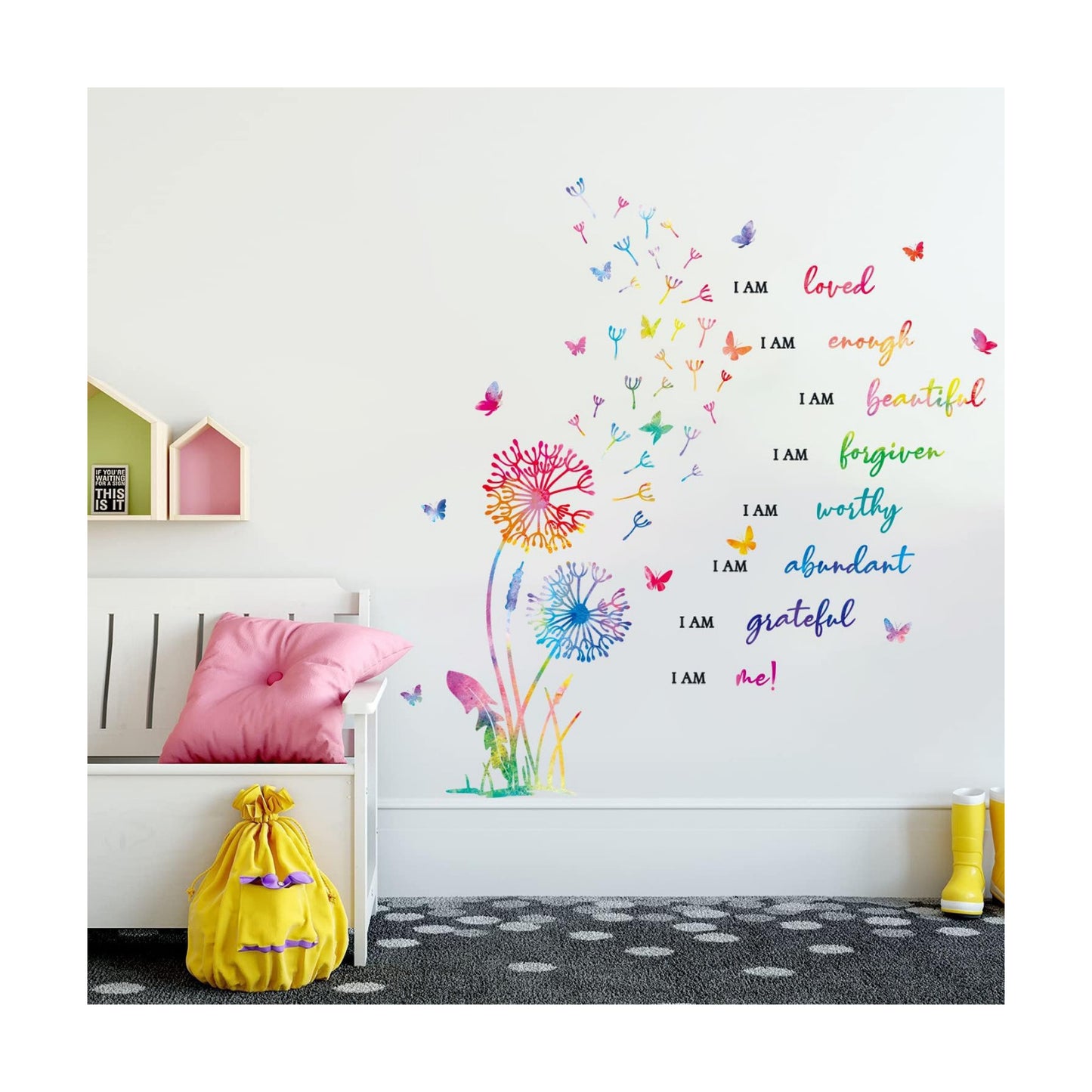 Butterfly Positive Affirmation Wall Decal / Dandelion Inspirational Saying Wall Sticker / Set of 75