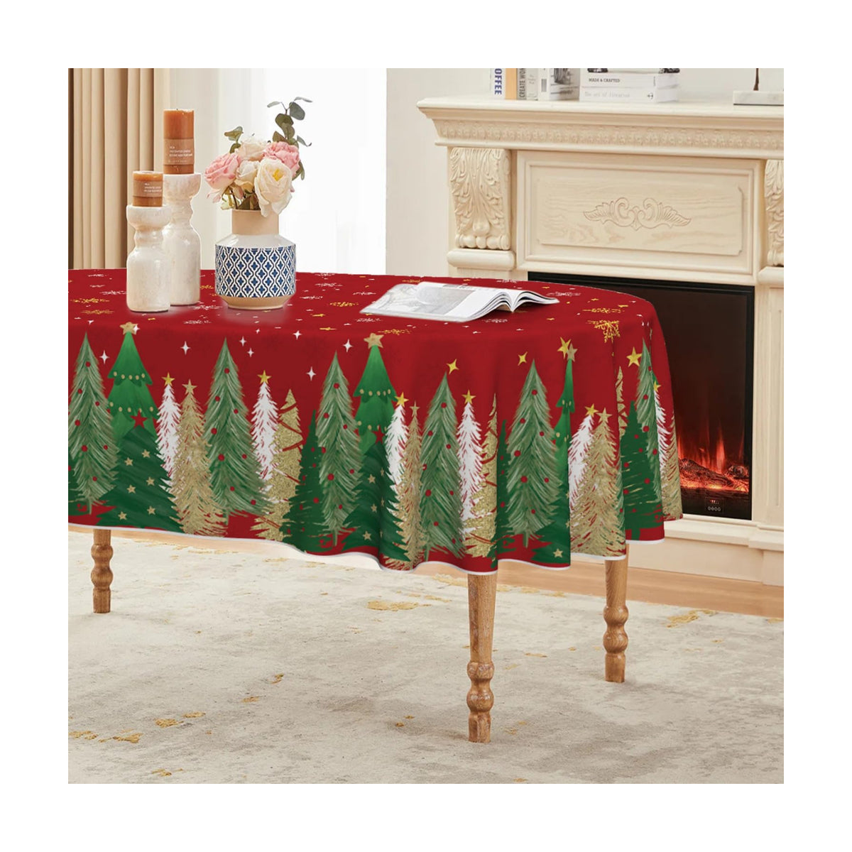 Horaldaily Christmas Tablecloth 60 x 84 Inch Oval Christmas Trees Red