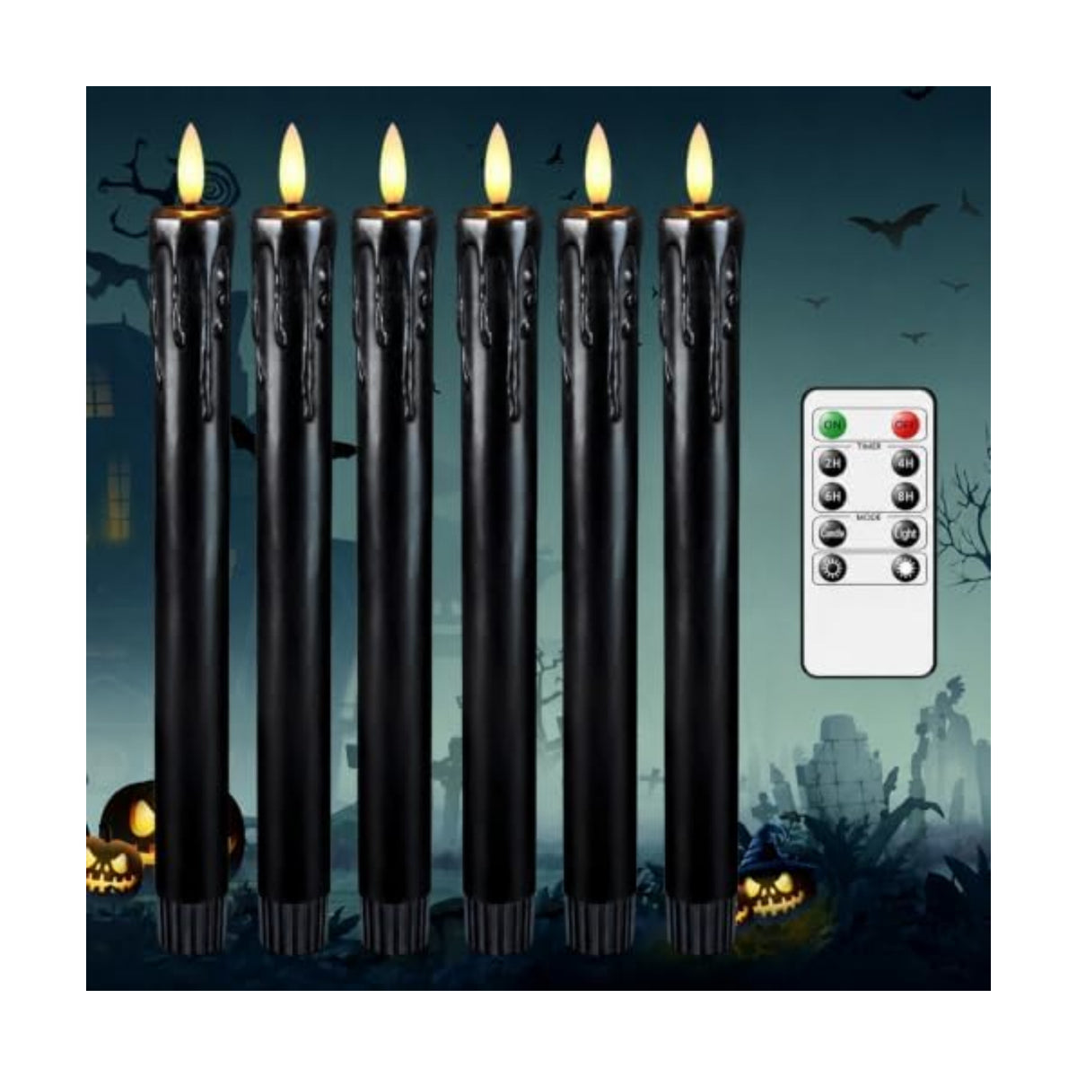 Lezonic Black Flameless Taper Candles Battery Operated with Remote, Long LED Candlesticks Flickering Real Wax Set of 6, 9.5 inch Battery Candles with Realistic 3D Flame for Halloween Decorations