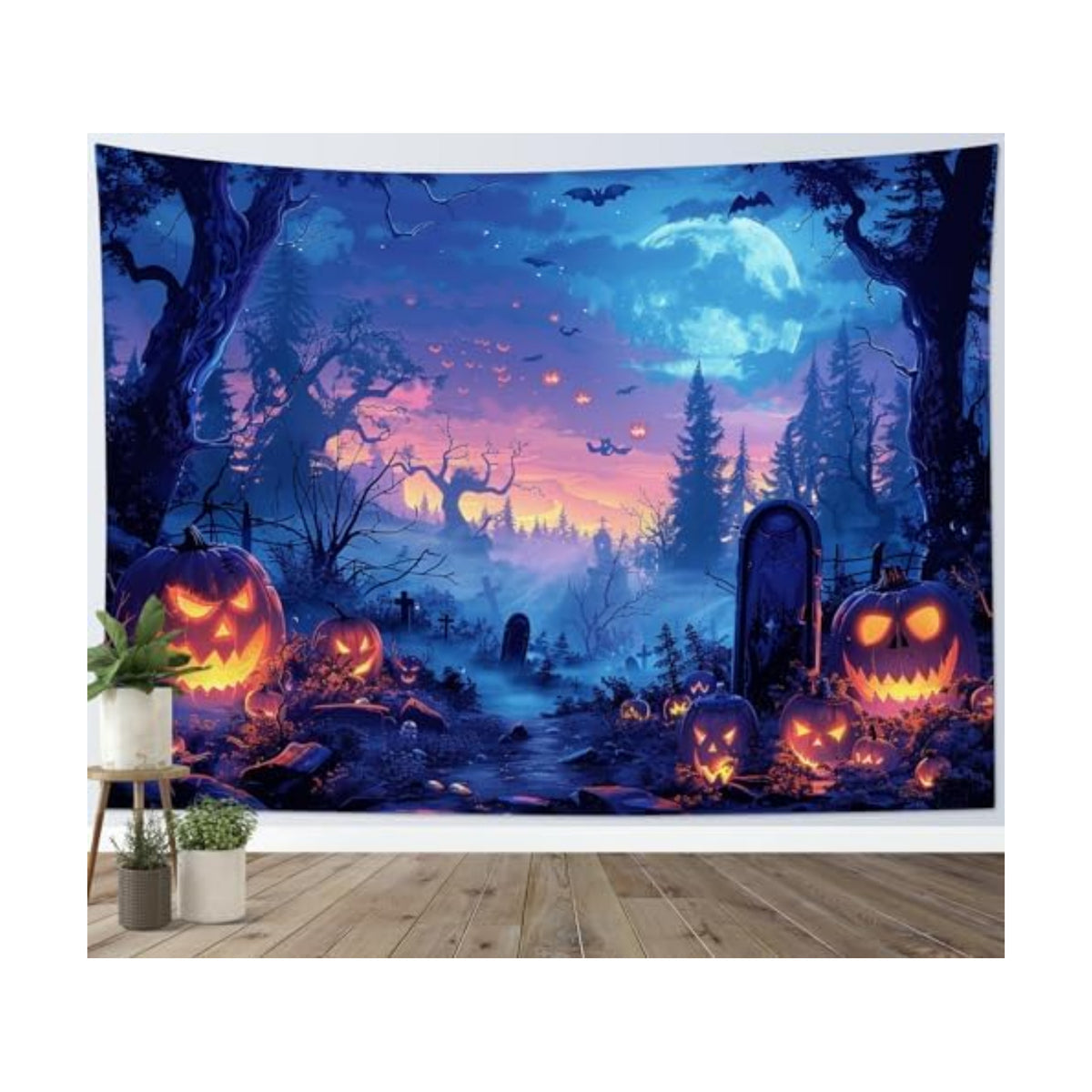 LB Spooky Halloween Tapestry Horror Pumpkin by Cemetery in Forest Wall Tapestry Scary Moon Night Tapestries for Bedroom Living Room College Dorm Wall Decor,78Wx60H inches