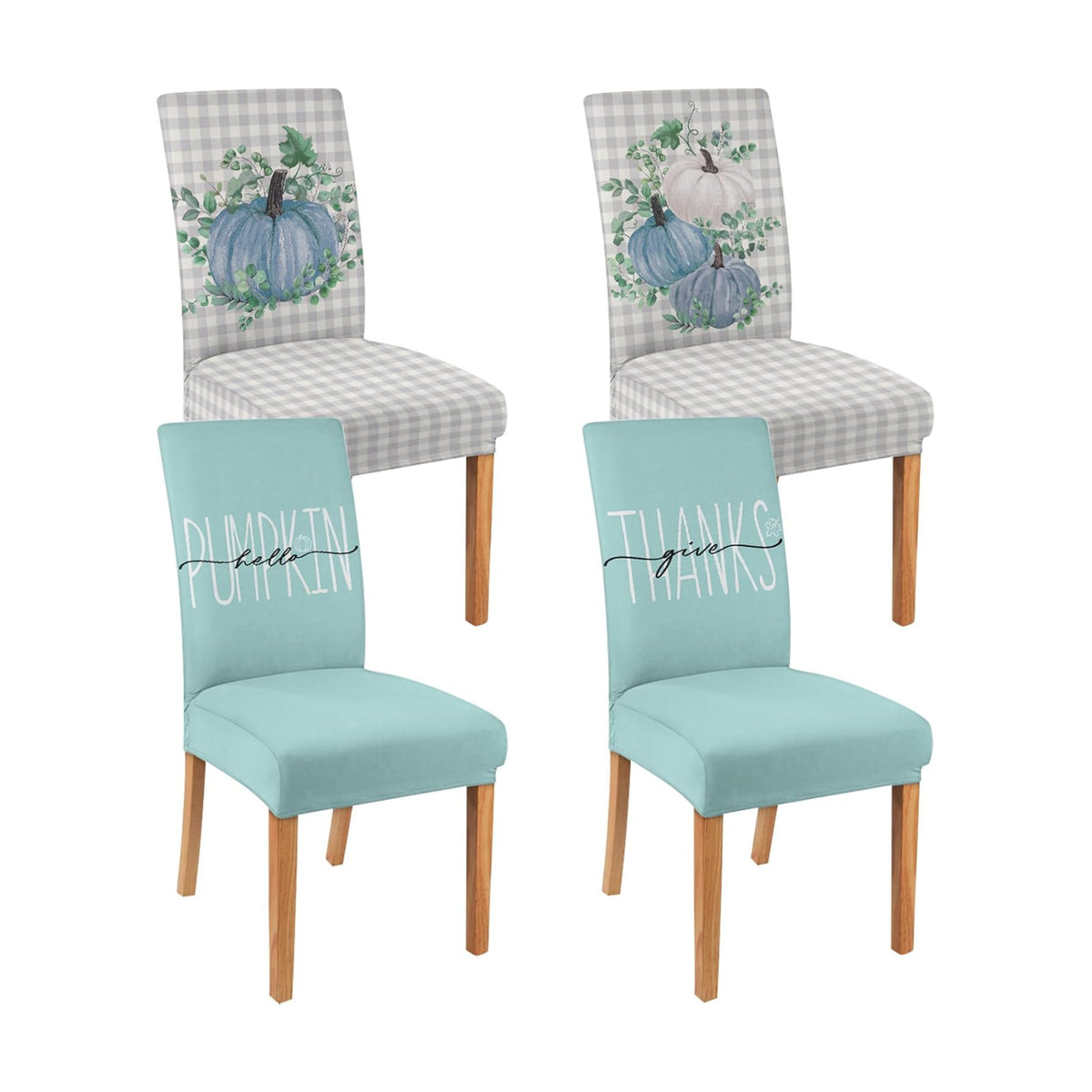 4 Pcs Fall Chair Covers for Dining Room, Thanksgiving Stretch Removable Dining Chair Cover Set of 4, Autumn Blue Pumpkin Chair Slipcovers Seat Protector for Fall Restaurant Decor
