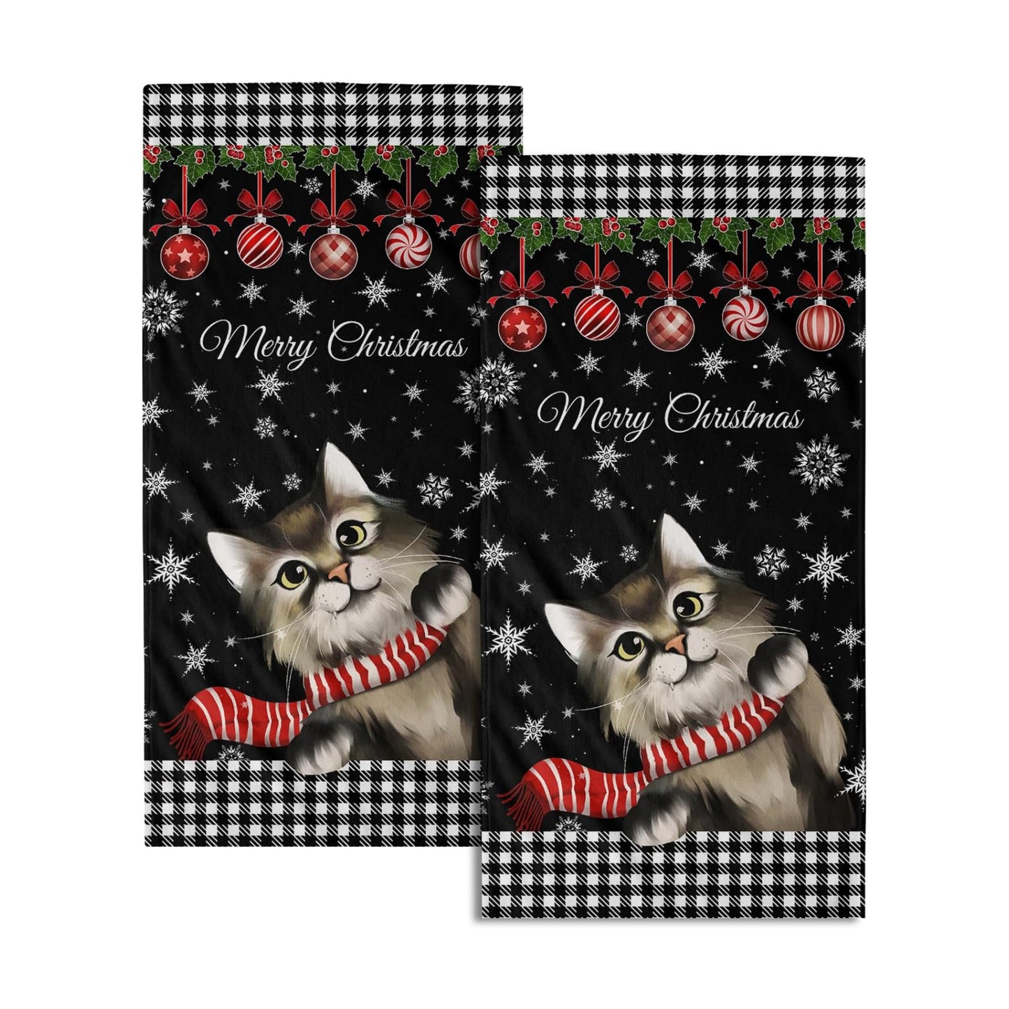 Giwawa Christmas Black Cat Hand Towels Winter Snowflake Dish Fingertip Towels Set of 2 Absorbent Face Towels for
