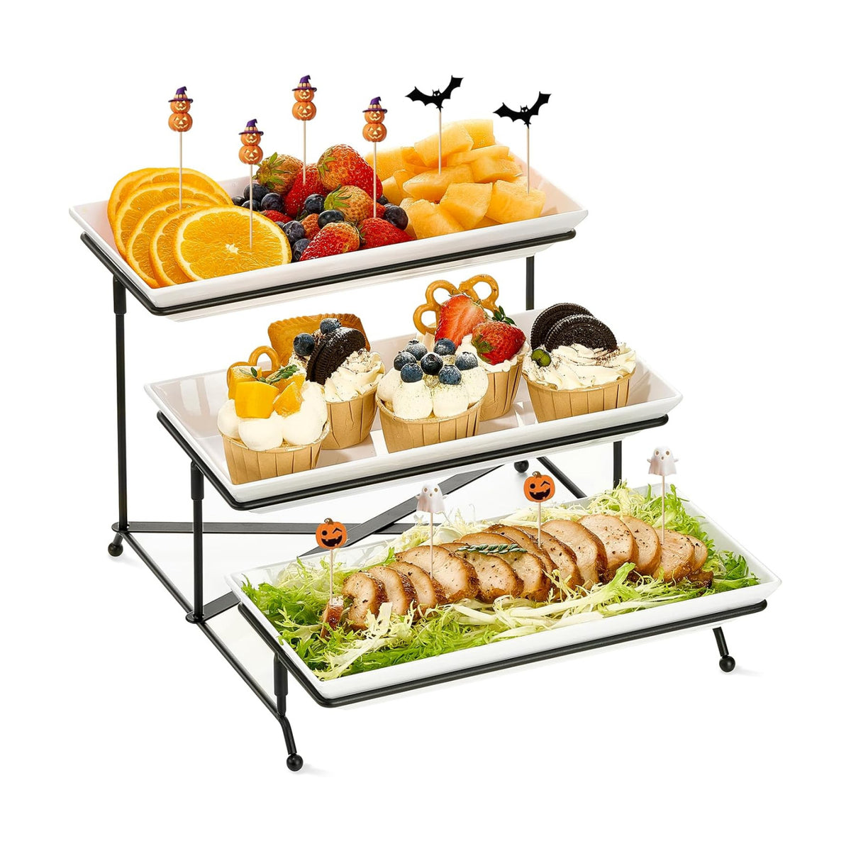 Mfacoy 3 Tier Serving Tray Set, 12" Tiered Serving Trays Platters, Reusable Serving Tray for Party, Collapsible Sturdier Stand with Stable Cross Bars, Serving Platters for Veggie, Fruit, Dessert
