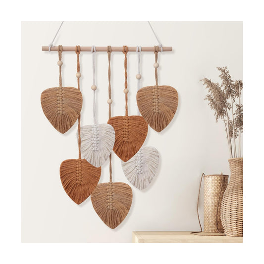 Boho Wall Decor Woven Feather Handmade Yarn Tassels Leaf Macrame Wall Art / Brown