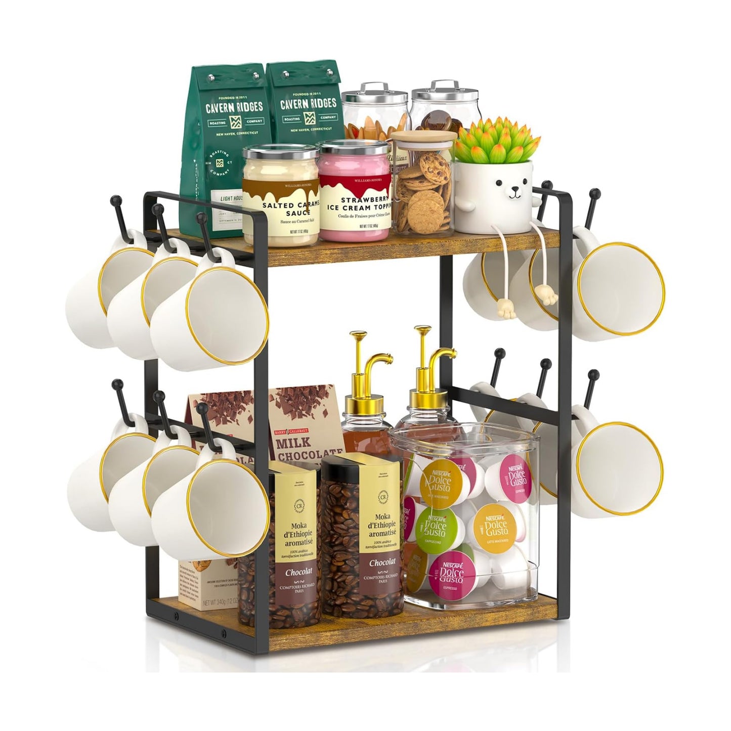 EsLuker.ly Coffee Station Bar Organizer Mug Holder Stand Countertop | 2 Tier Mug Cup Tree Rack for Kitchen Office