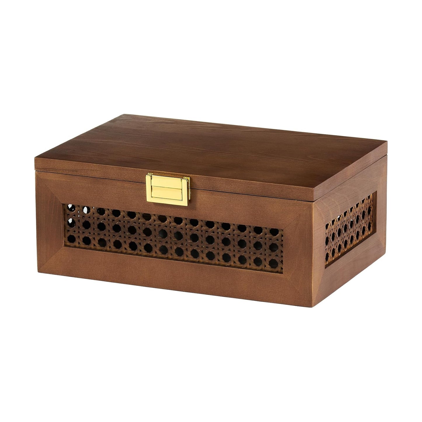 Decorative Rattan Storage Boxes Solid Wood Woven Baskets Bins / Walnut / Natural