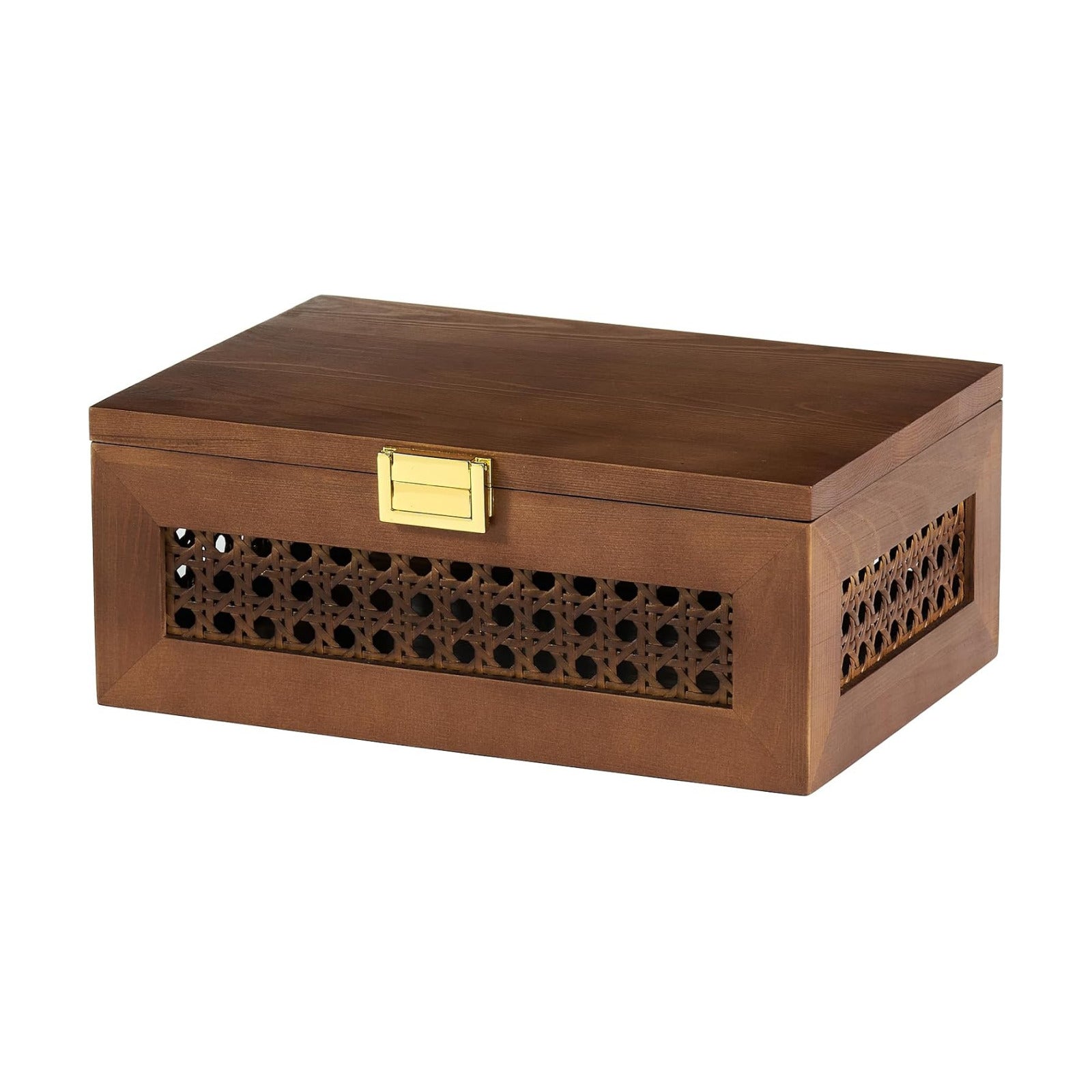 Decorative Rattan Storage Boxes Solid Wood Woven Baskets Bins / Walnut / Natural