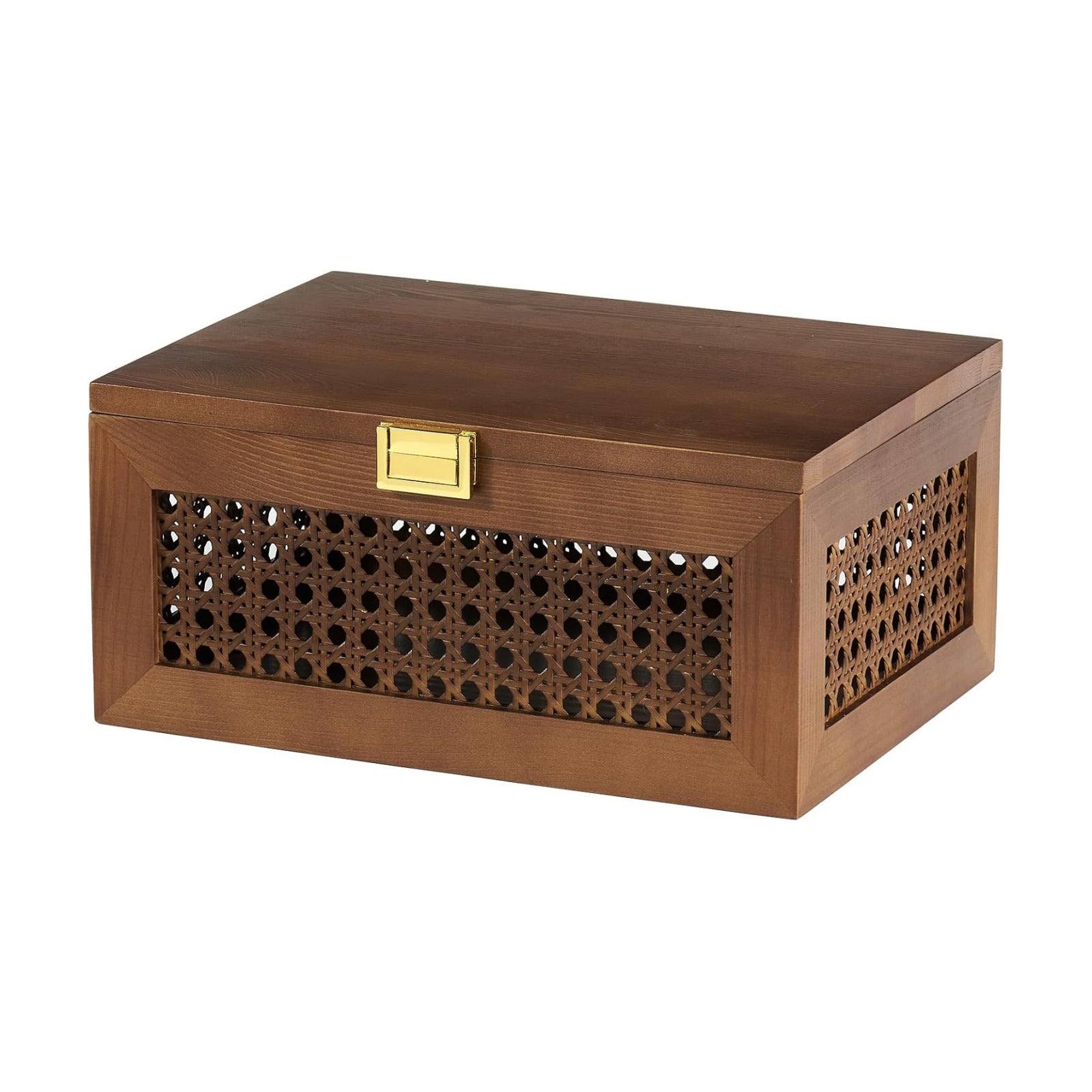 Decorative Rattan Storage Boxes Solid Wood Woven Baskets Bins / Walnut / Natural