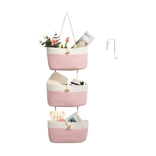 3-Tier Woven Cotton Storage Organizer Bag / Pink+white / 3 Tier+button