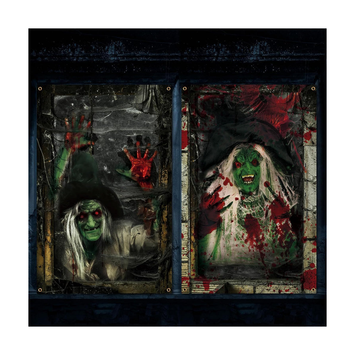 Newwiee 2 Pcs Scary Halloween Curtain Window Silhouette Cover, Green Witch