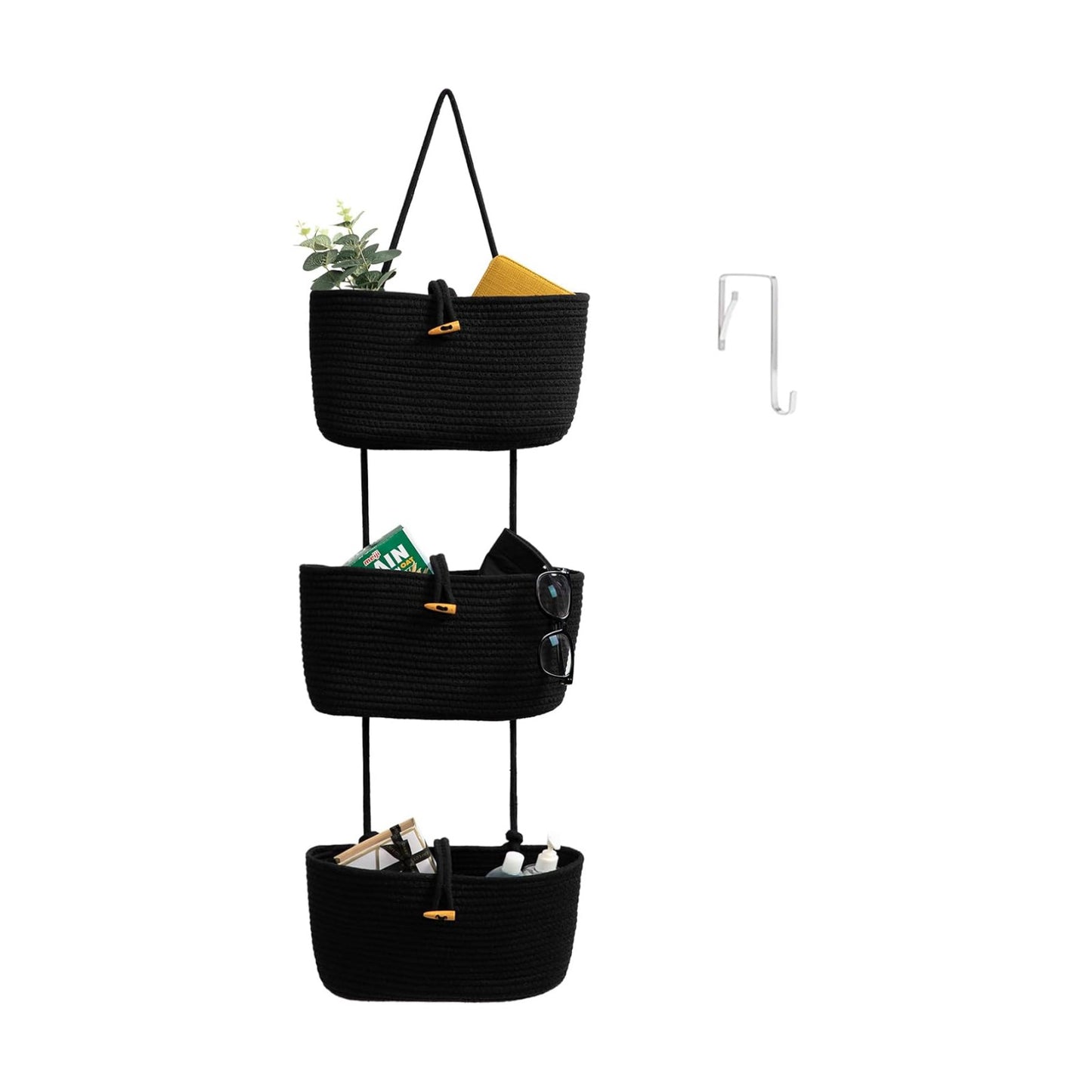 3-Tier Woven Cotton Storage Organizer Bag / Black / 3 Tier+button
