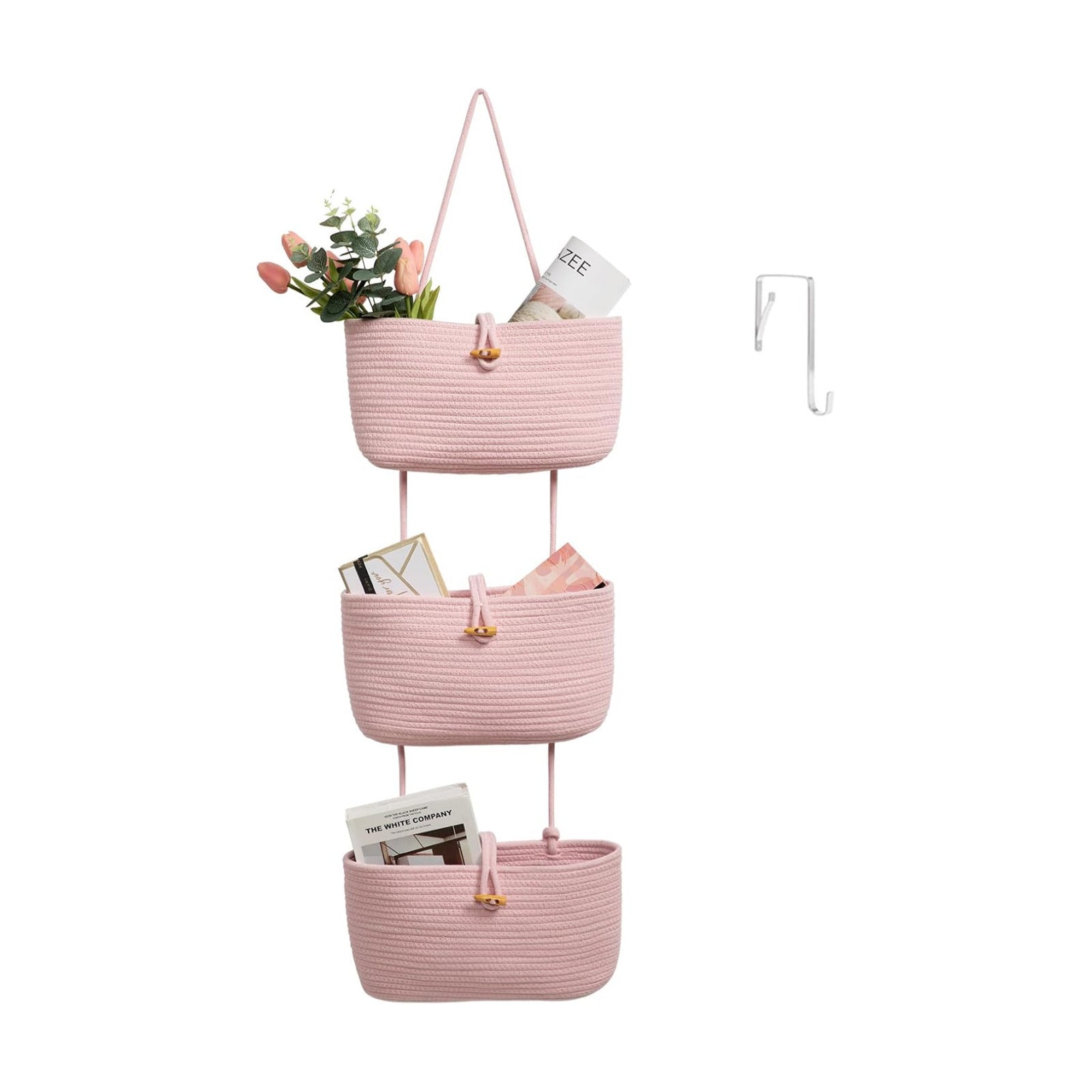3-Tier Woven Cotton Storage Organizer Bag / Pink / 3 Tier+button