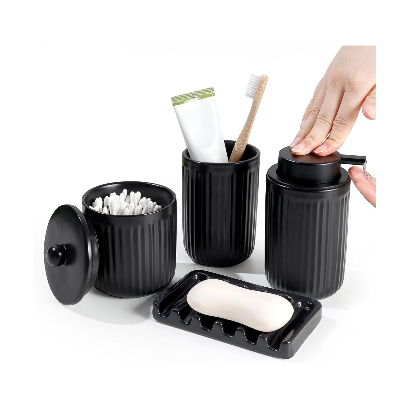 BosilunLife Striped Black Ceramic Bathroom Accessories Set of 4 | Bathroom Decor Sets Accessories Bathroom Lotion Soap