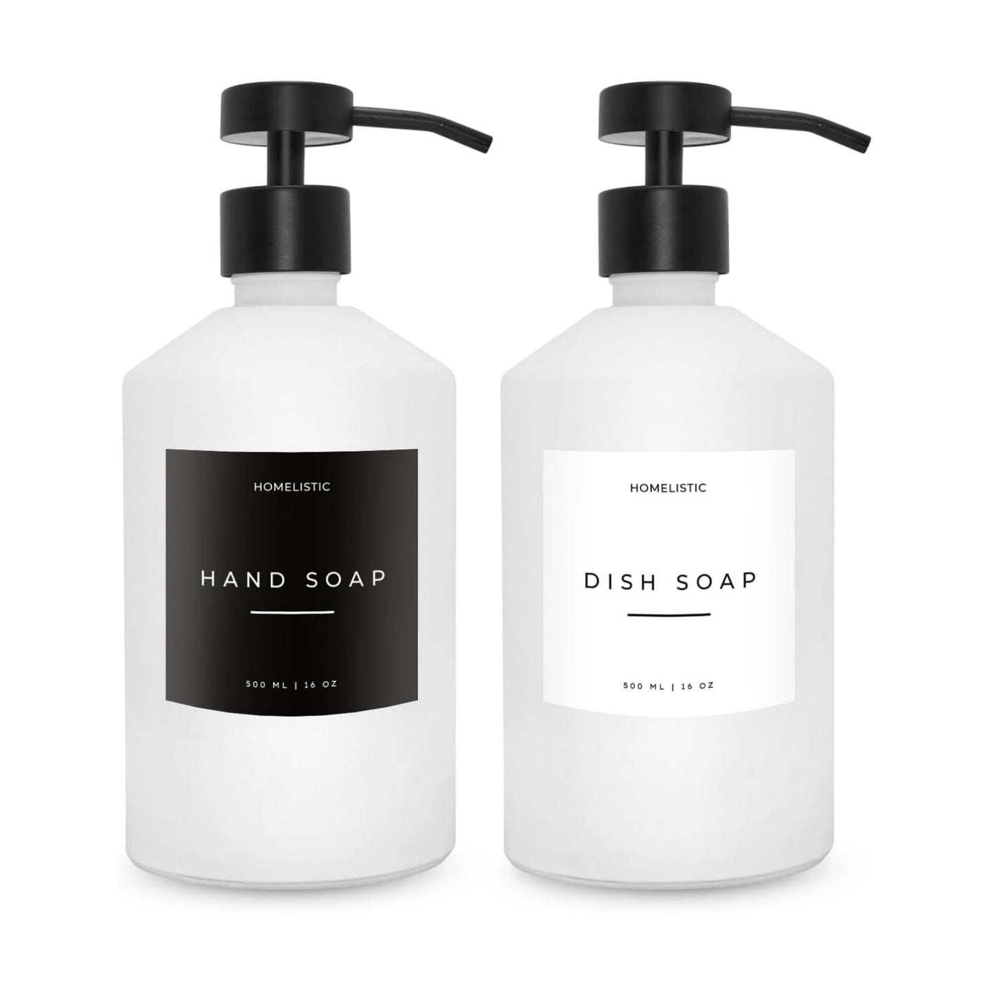 Luxury Glass Soap Dispenser Set of 2 - Elegant Aesthetic White Glass Bottles with Modern Matte Black Stainless Steel