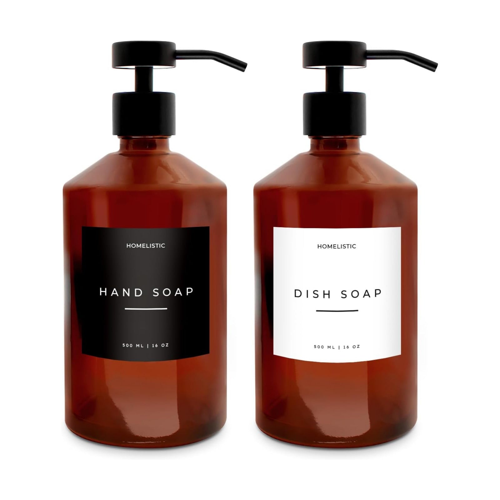 Luxury Glass Soap Dispenser Set of 2 - Elegant Amber Bottles with Matte Black Pumps, Ideal for Kitchen and Bathrooms