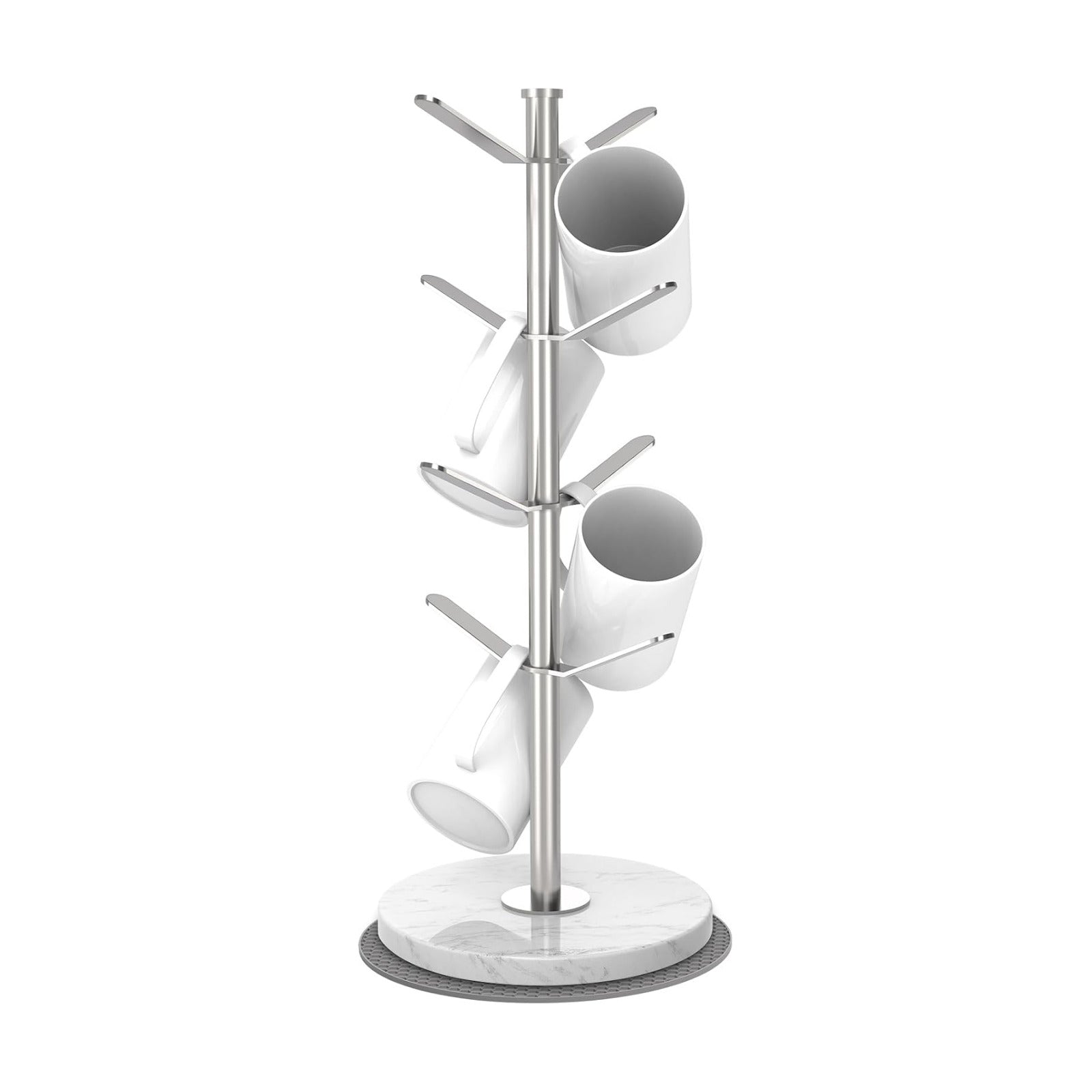 Silver Marble Mug Holder Tree with 2–8 Adjustable Hooks | Detachable Stainless Steel Coffee Cup Stand with Modular