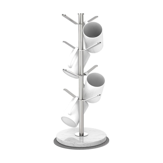 Silver Marble Mug Holder Tree with 2–8 Adjustable Hooks | Detachable Stainless Steel Coffee Cup Stand with Modular