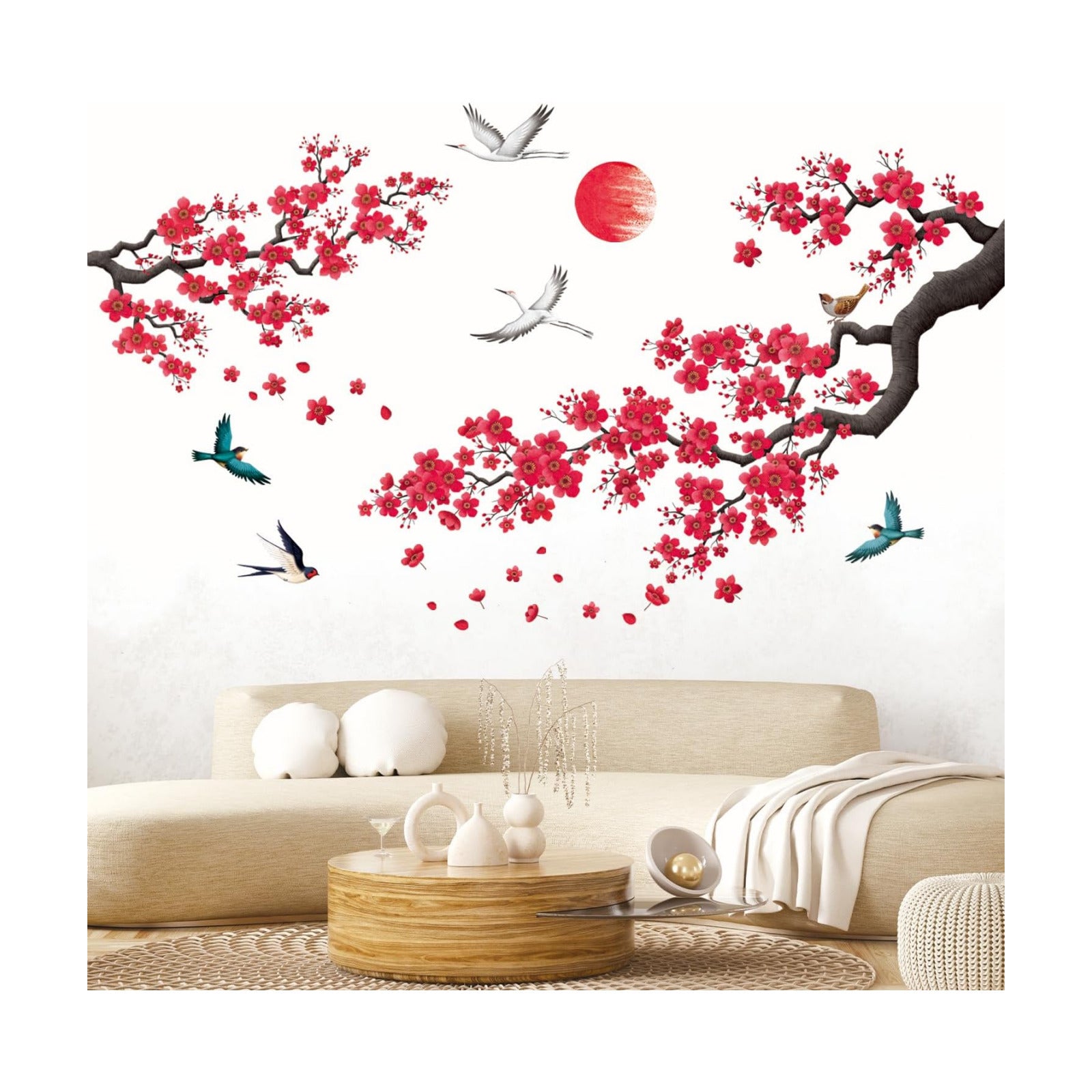 Cherry Blossom Branch Wall Decals / Red Watercolor Floral