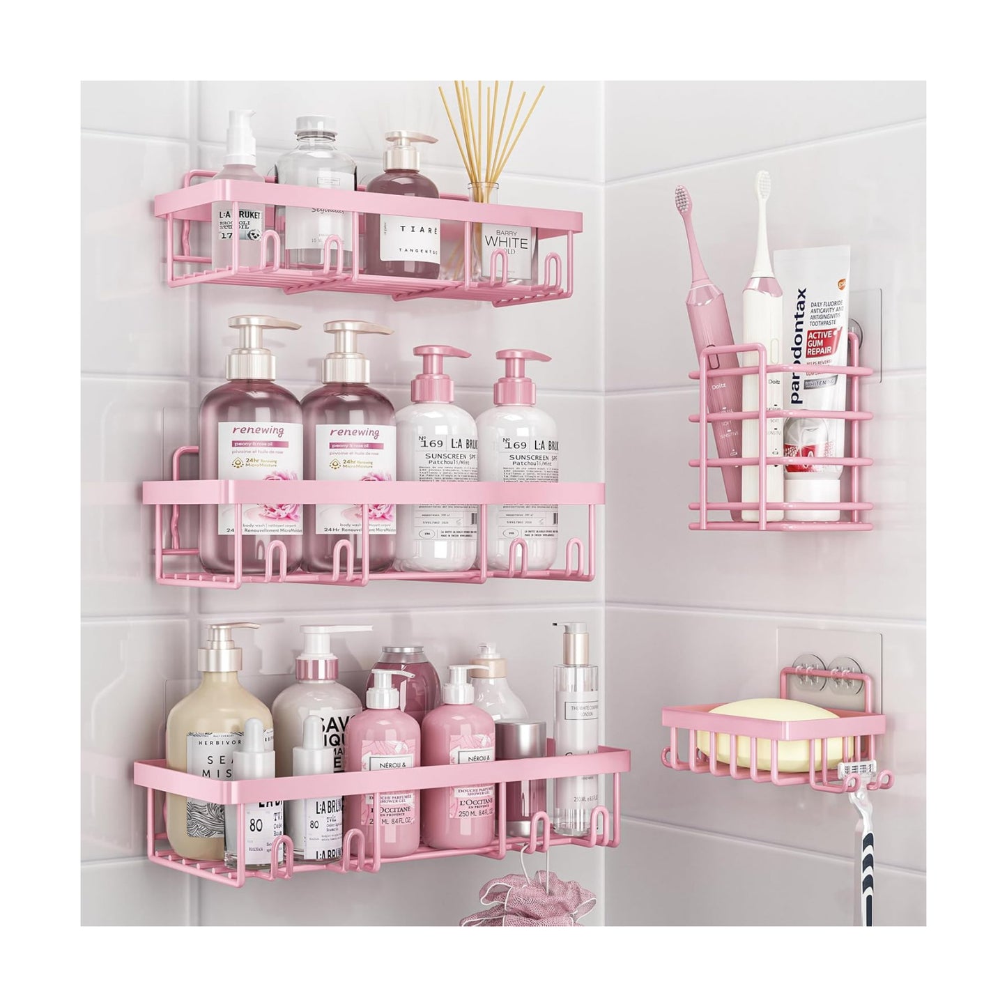 Adhesive Bathroom Wall Storage Basket Rustproof / Pink / Set of 5